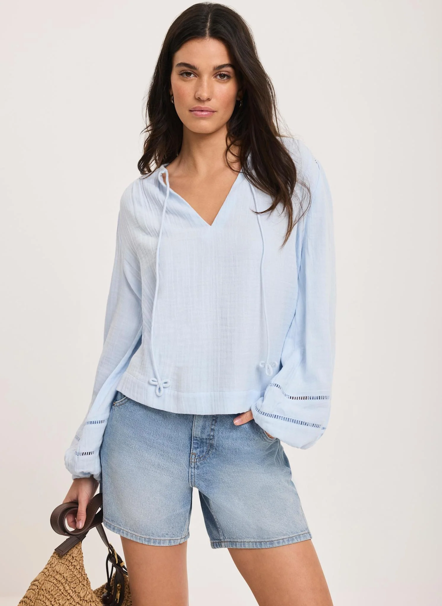 Blue Cotton Cheesecloth Open Stitch Blouse - Image 3
