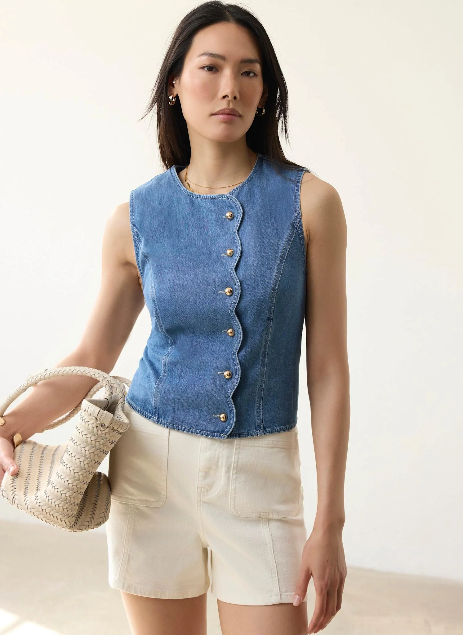 Indigo Denim Scallop Detail Waistcoat - Image 5