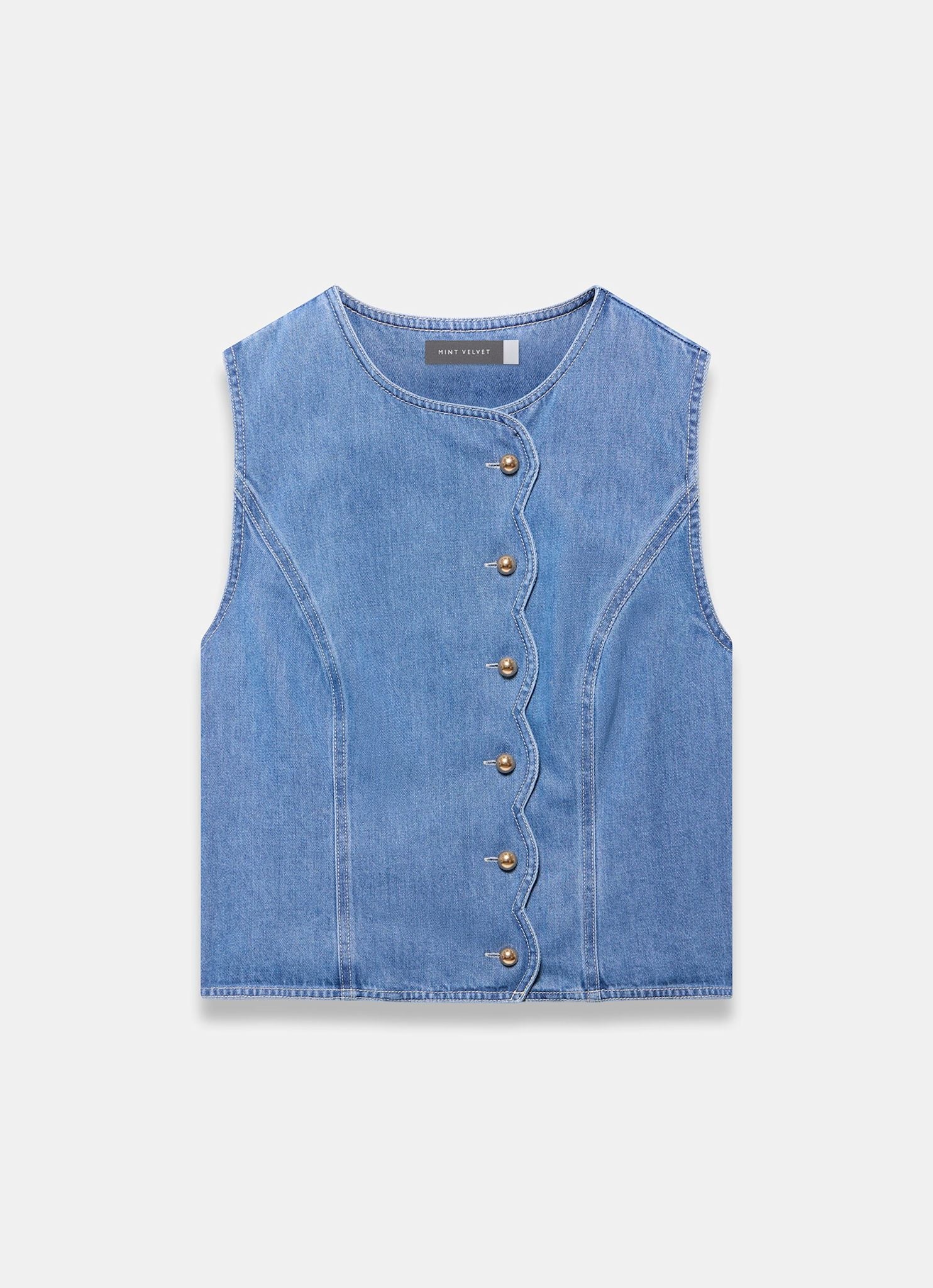 Indigo Denim Scallop Detail Waistcoat - Image 6