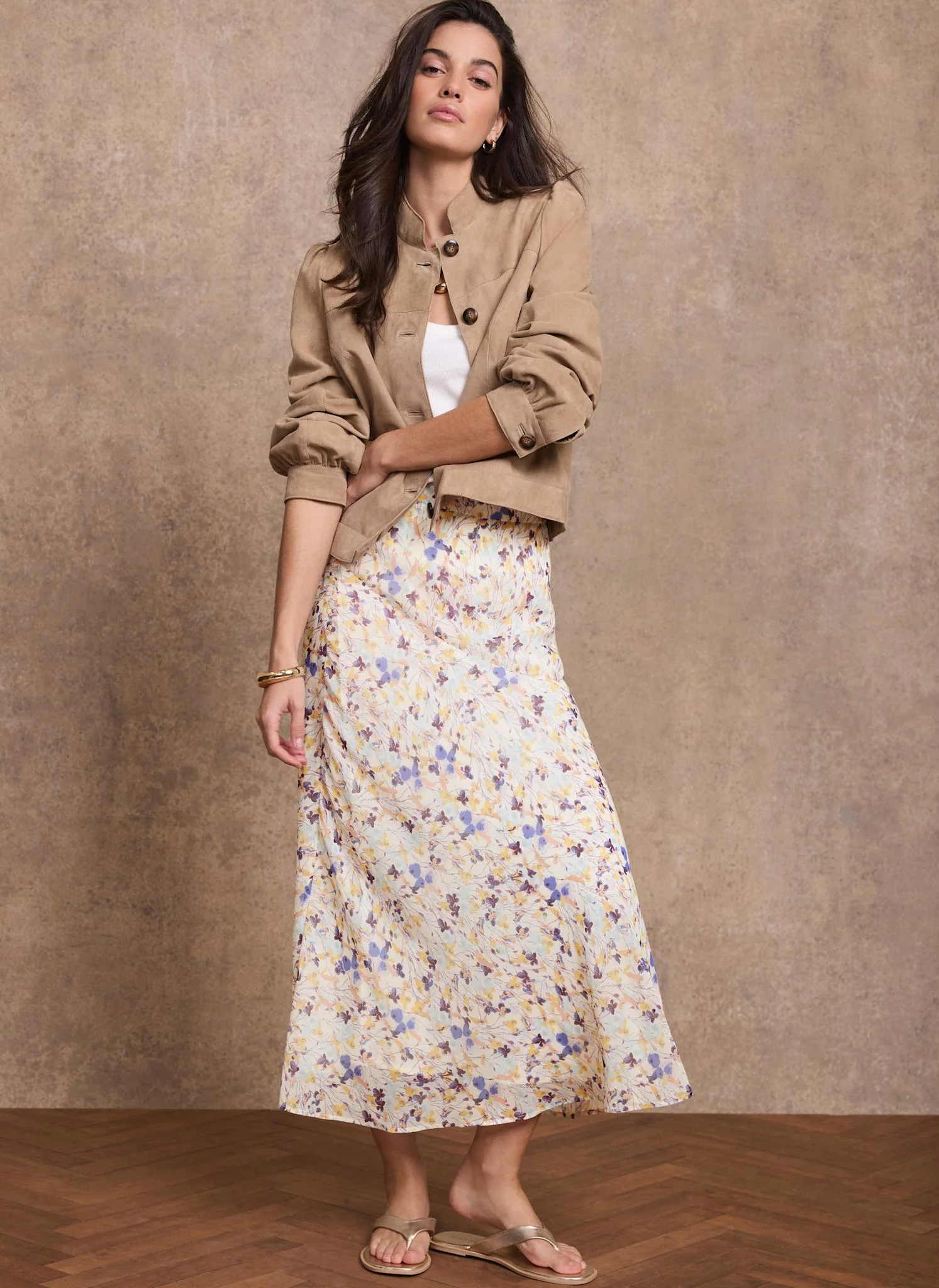 Pale Blue Floral Print Midi Skirt