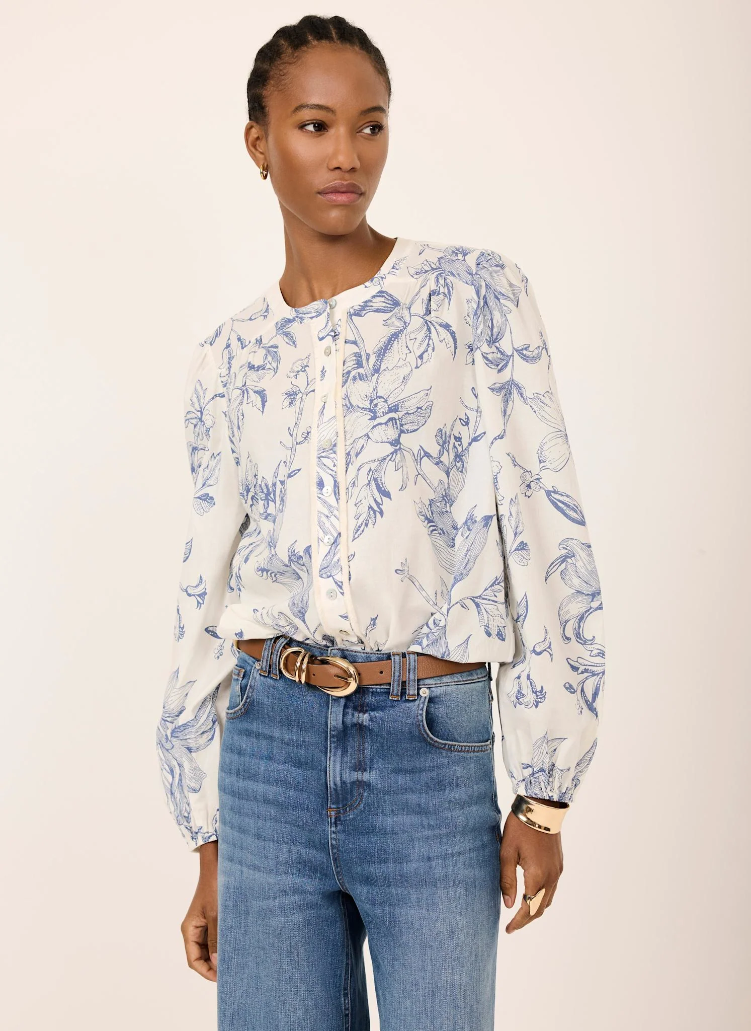Blue Cotton Floral Print Blouse - Image 2