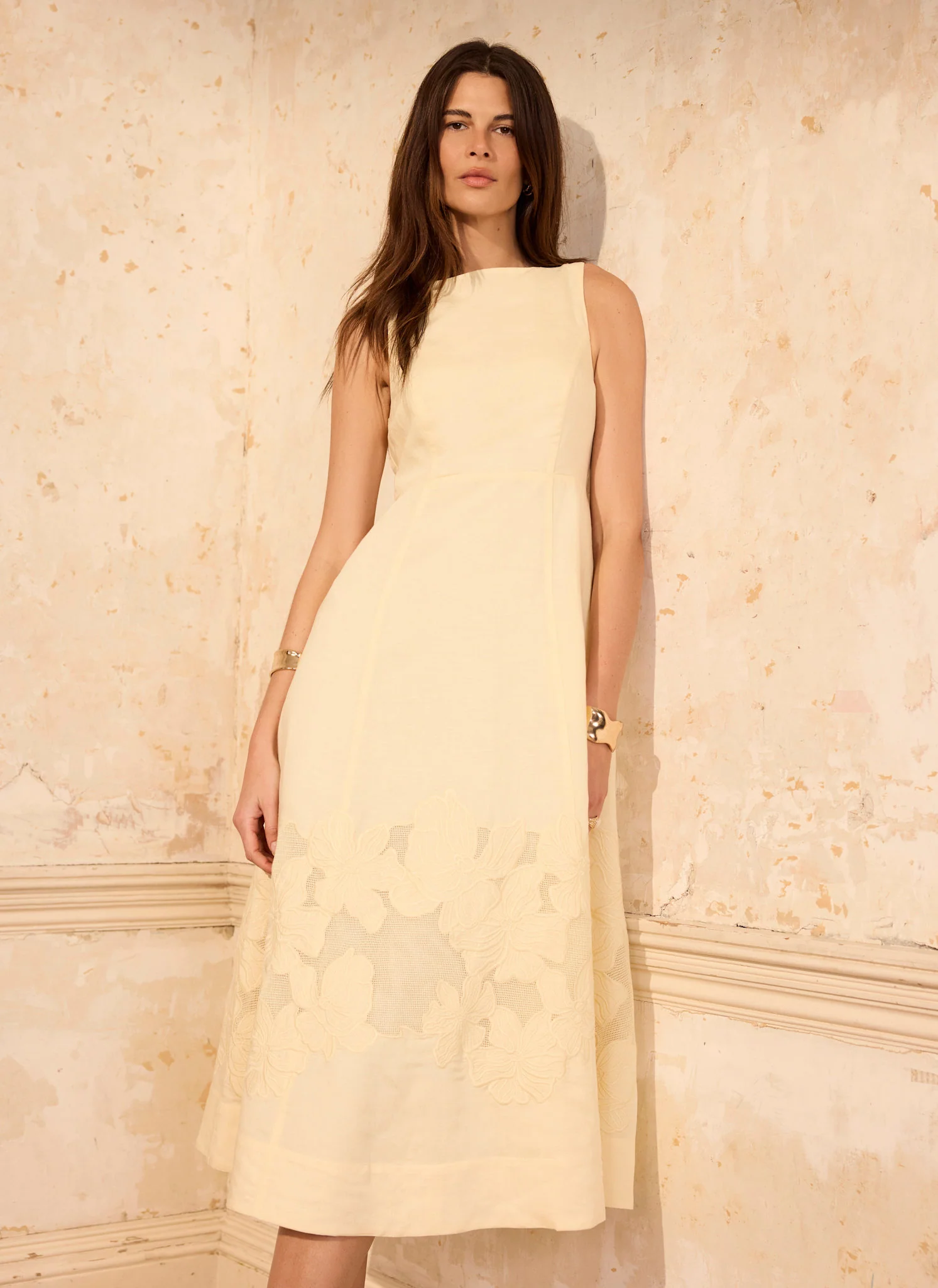 Yellow Linen Blend Lace Midi Dress - Image 4