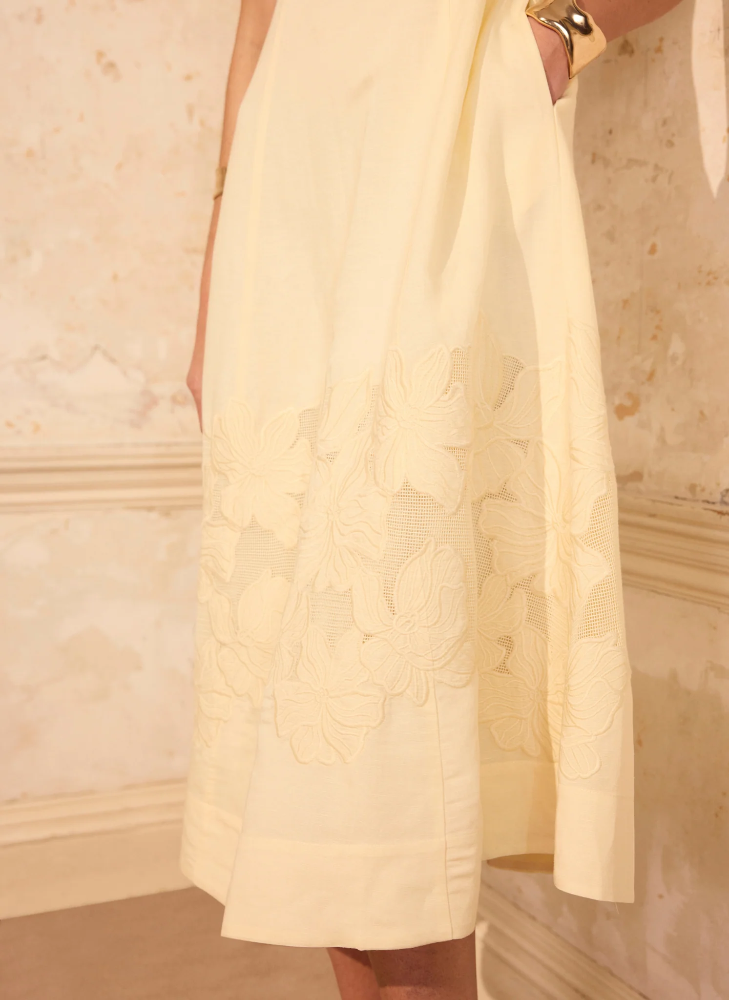 Yellow Linen Blend Lace Midi Dress - Image 6