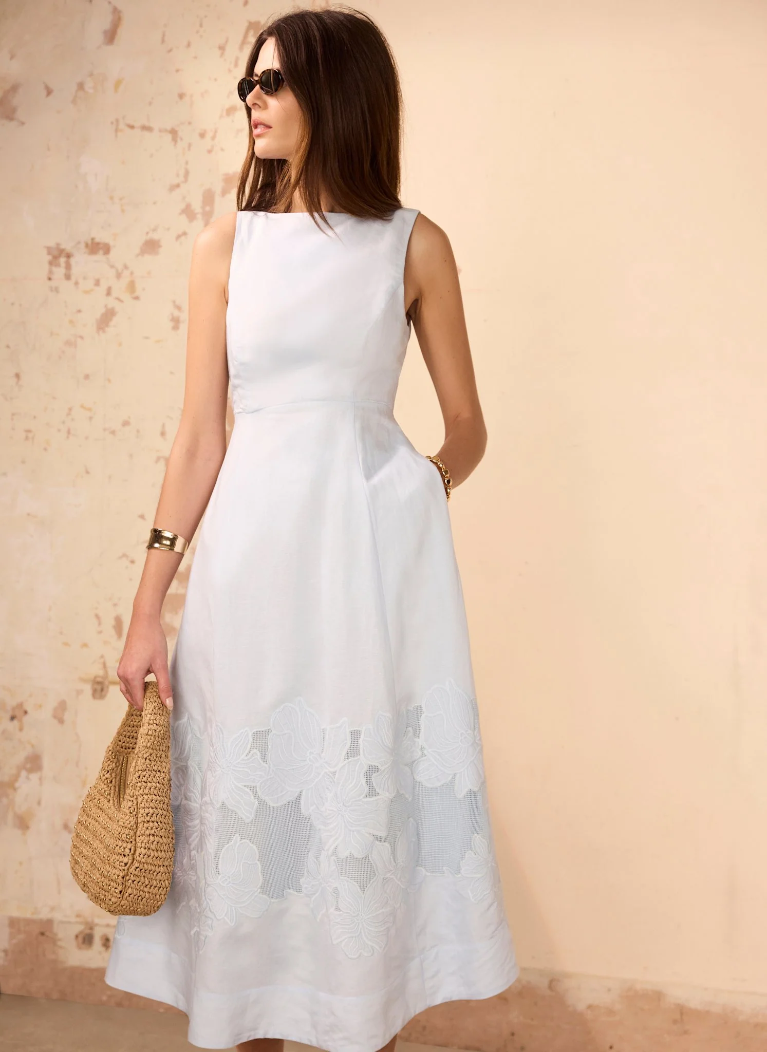 Blue Linen Blend Lace Midi Dress - Image 2