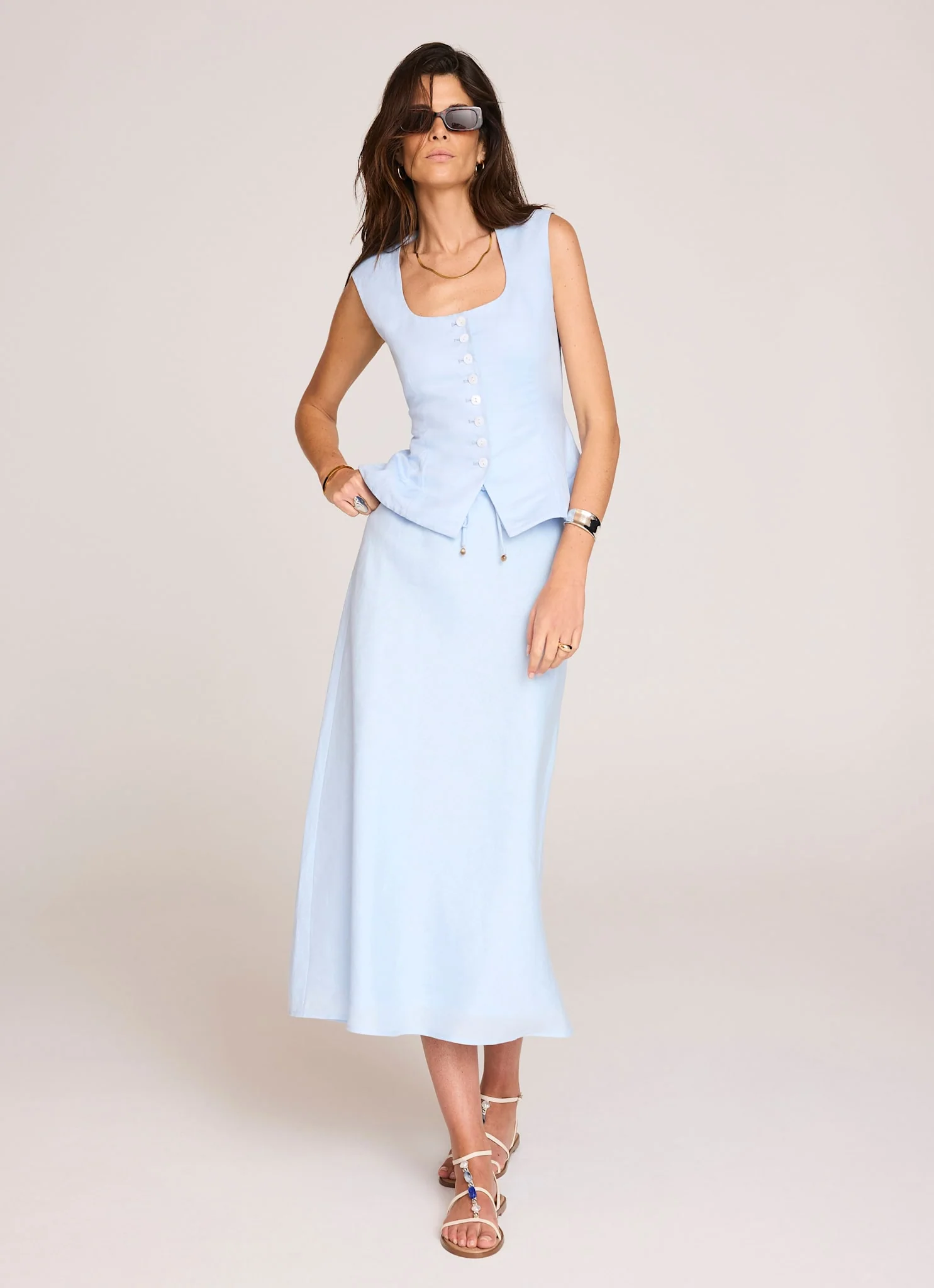 Pale Blue Linen Bias Midi Skirt - Image 3
