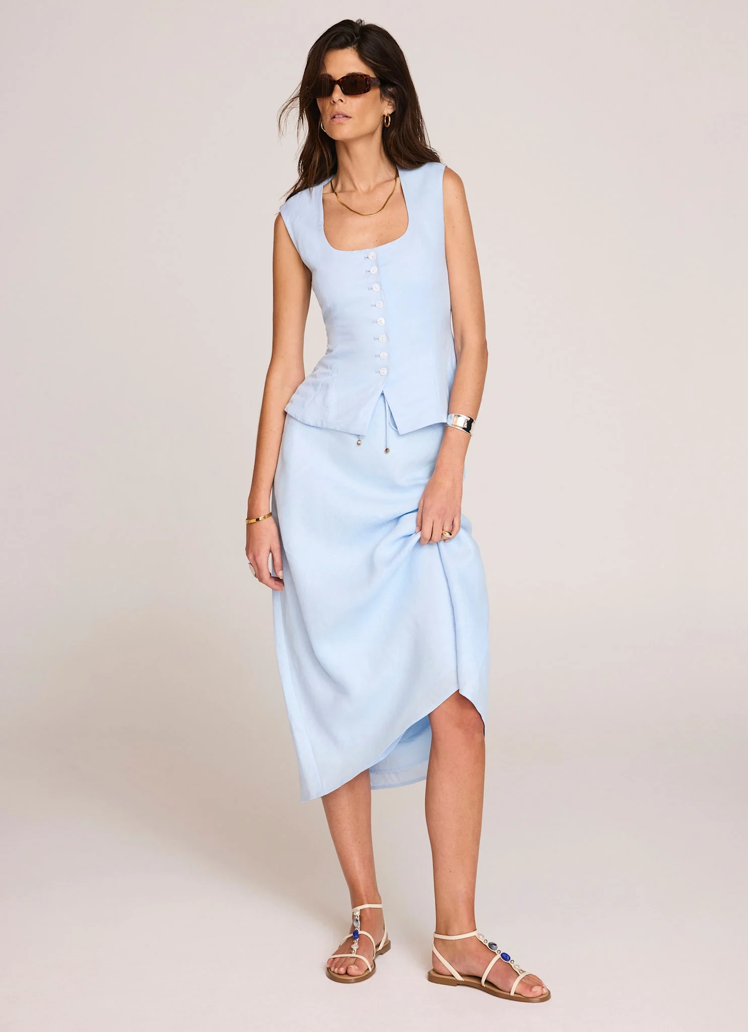 Pale Blue Linen Bias Midi Skirt - Image 5