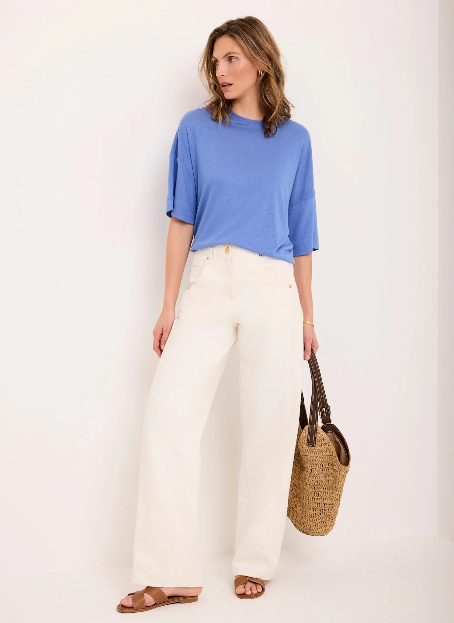 Blue Linen Blend Boxy T-Shirt - Image 3