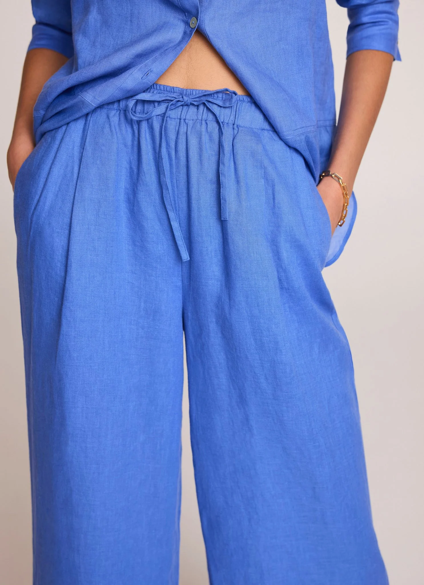 Blue Linen Drawstring Wide Leg Trousers - Image 3