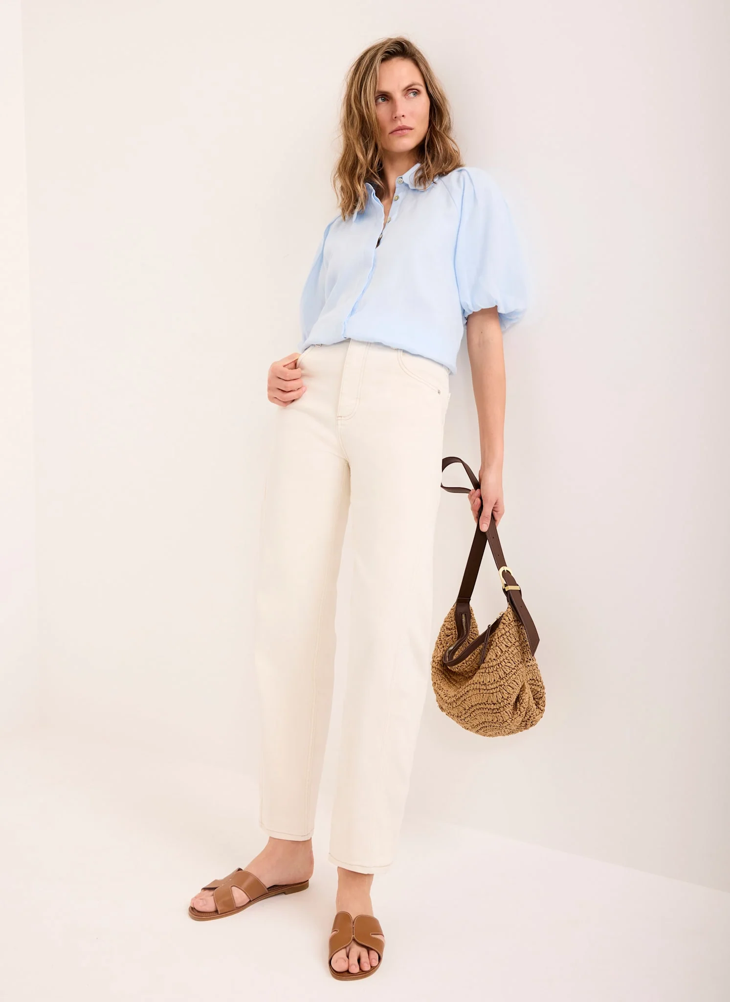 Blue Ramie Scallop Puff Sleeve Shirt - Image 5