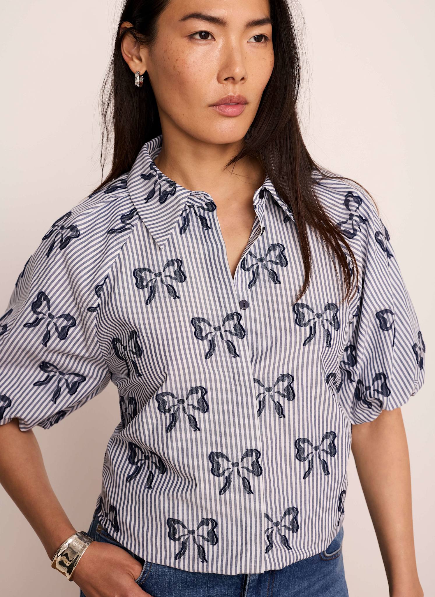 Blue Cotton Blend Striped Bow Shirt - Image 3