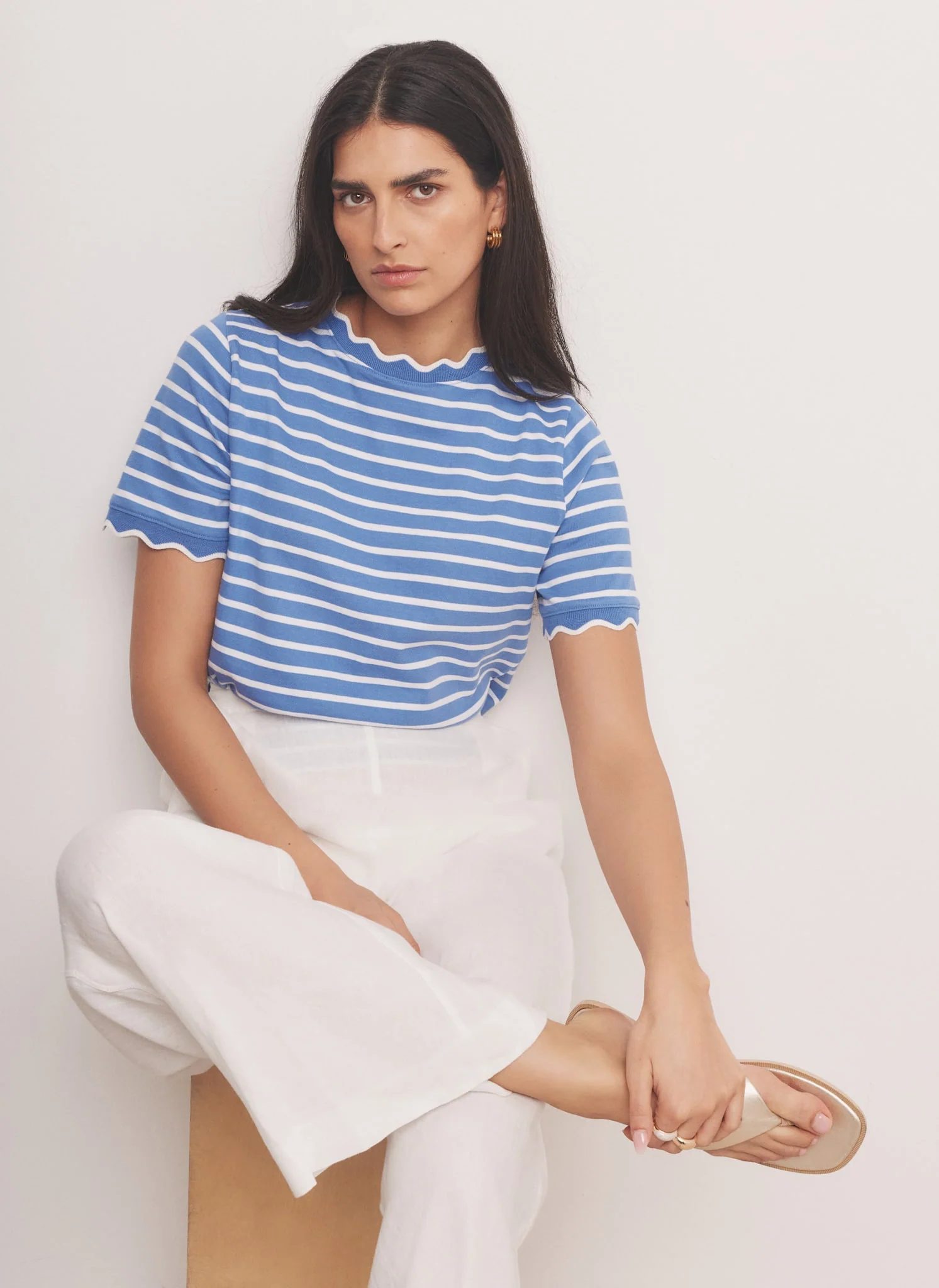 Blue Cotton Striped Scallop T-Shirt