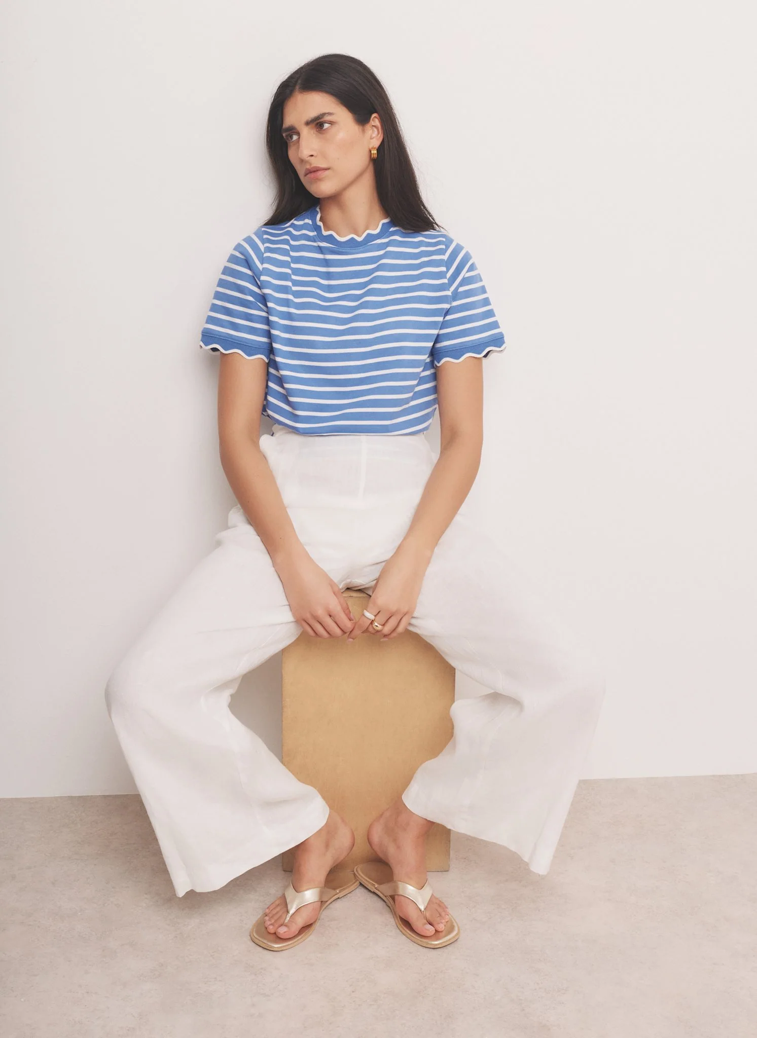 Blue Cotton Striped Scallop T-Shirt - Image 4