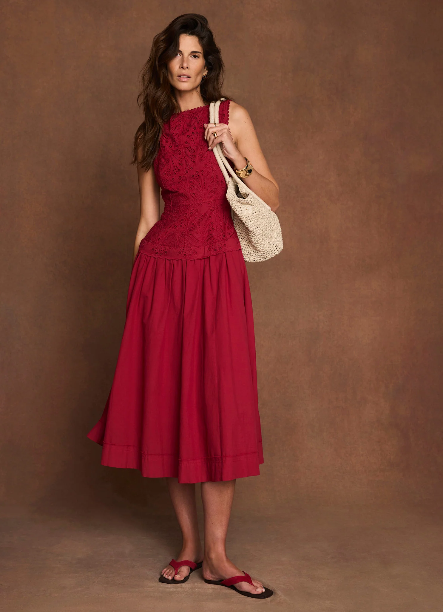 Red Cotton Broderie Drop Waist Midi Dress