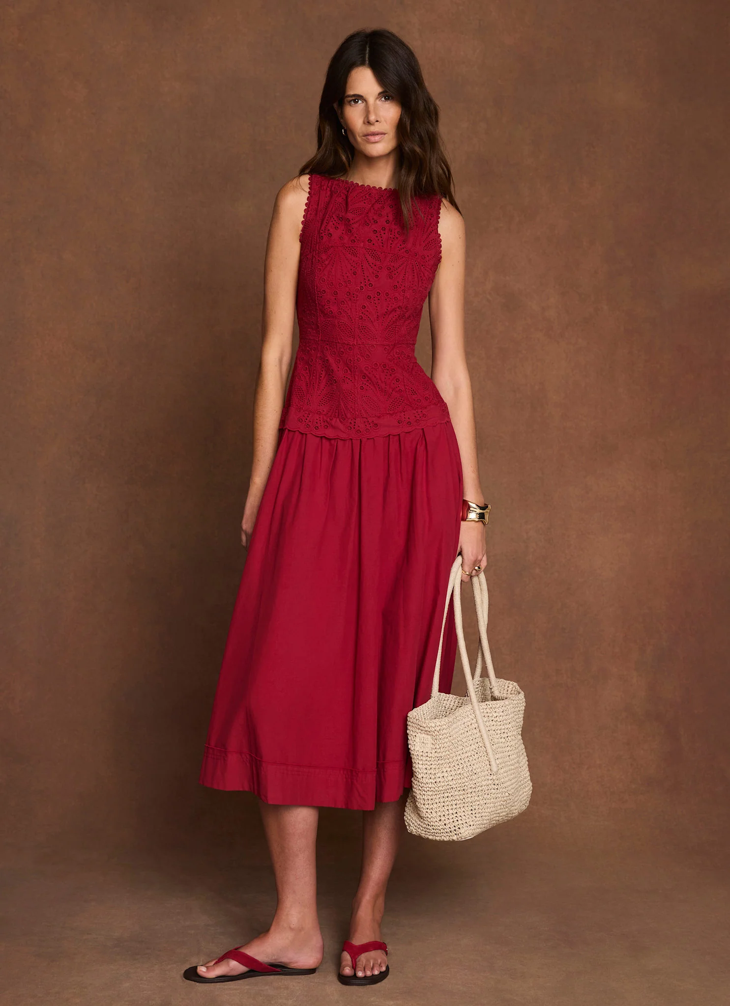 Red Cotton Broderie Drop Waist Midi Dress - Image 3