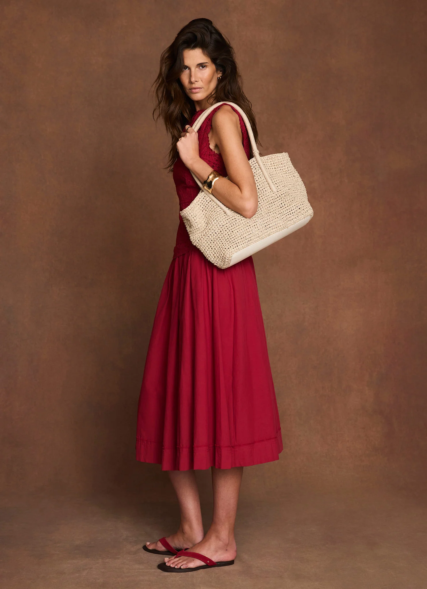 Red Cotton Broderie Drop Waist Midi Dress - Image 6