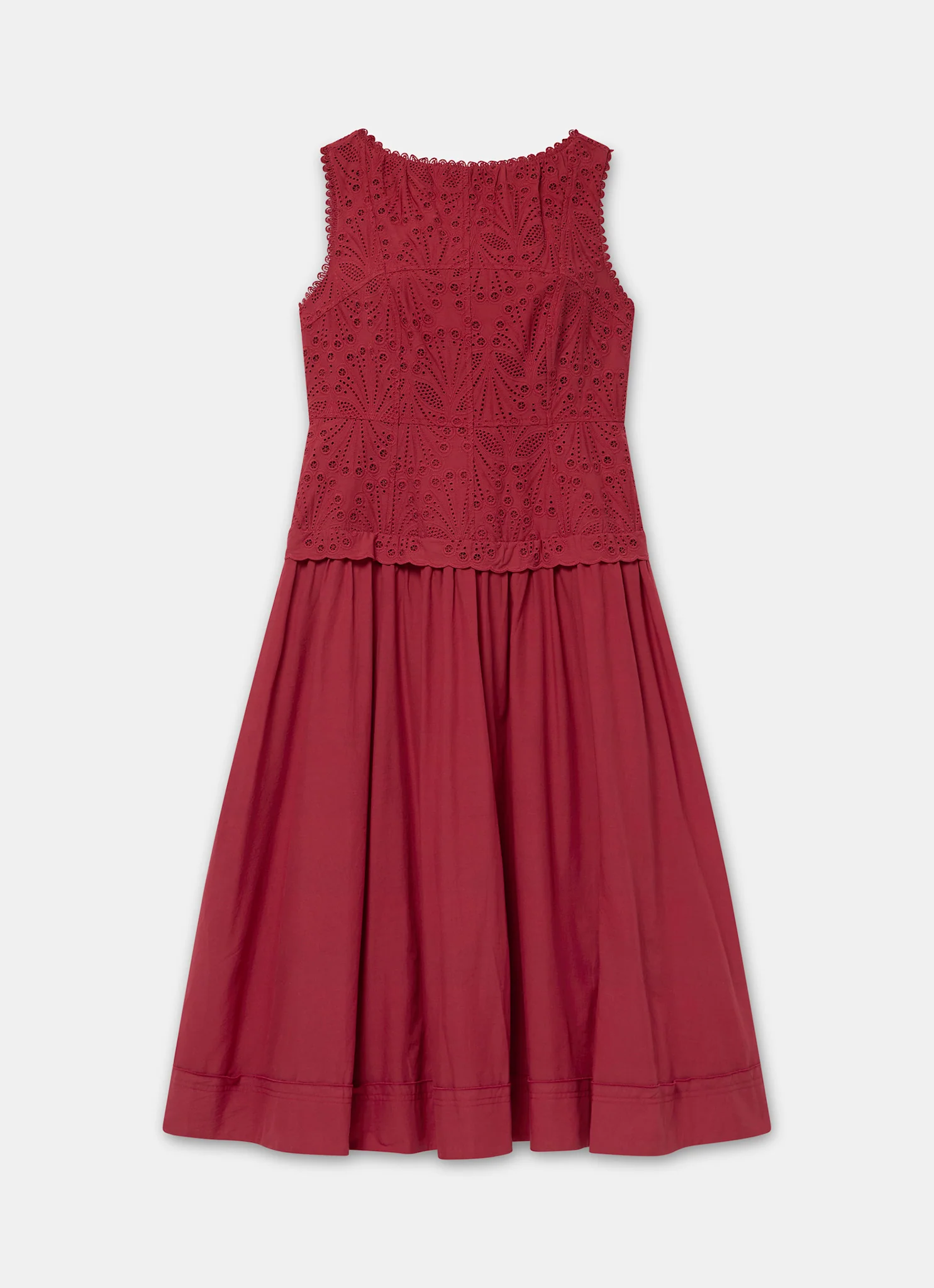 Red Cotton Broderie Drop Waist Midi Dress - Image 7