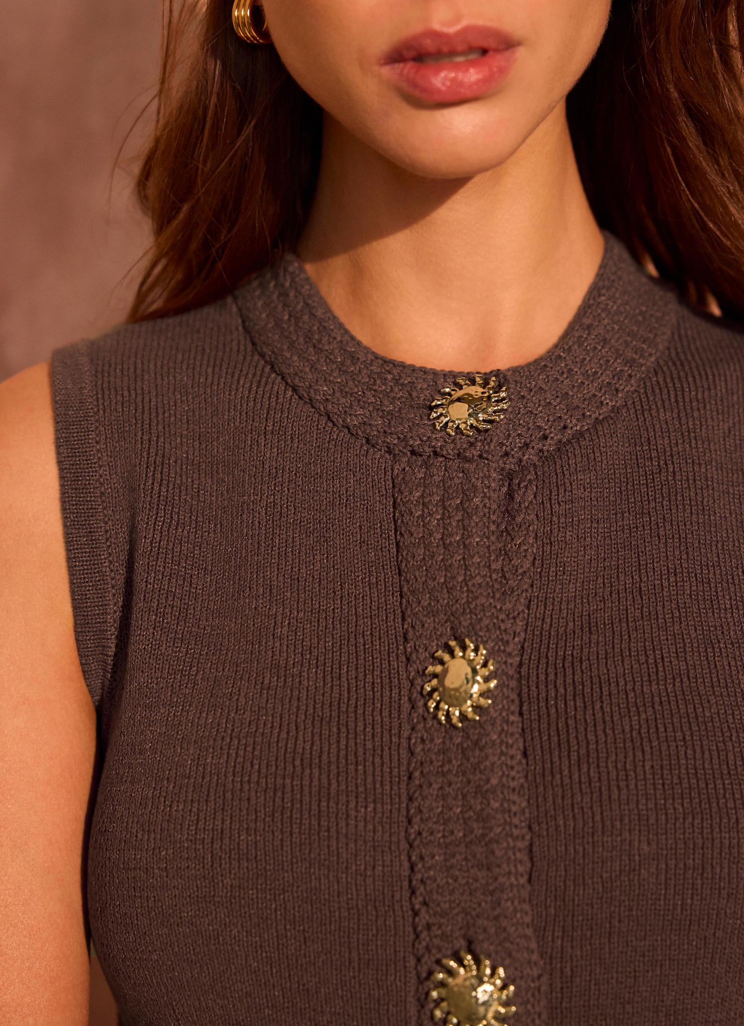 Brown Sunray Button Knit Sleeveless Top - Image 4