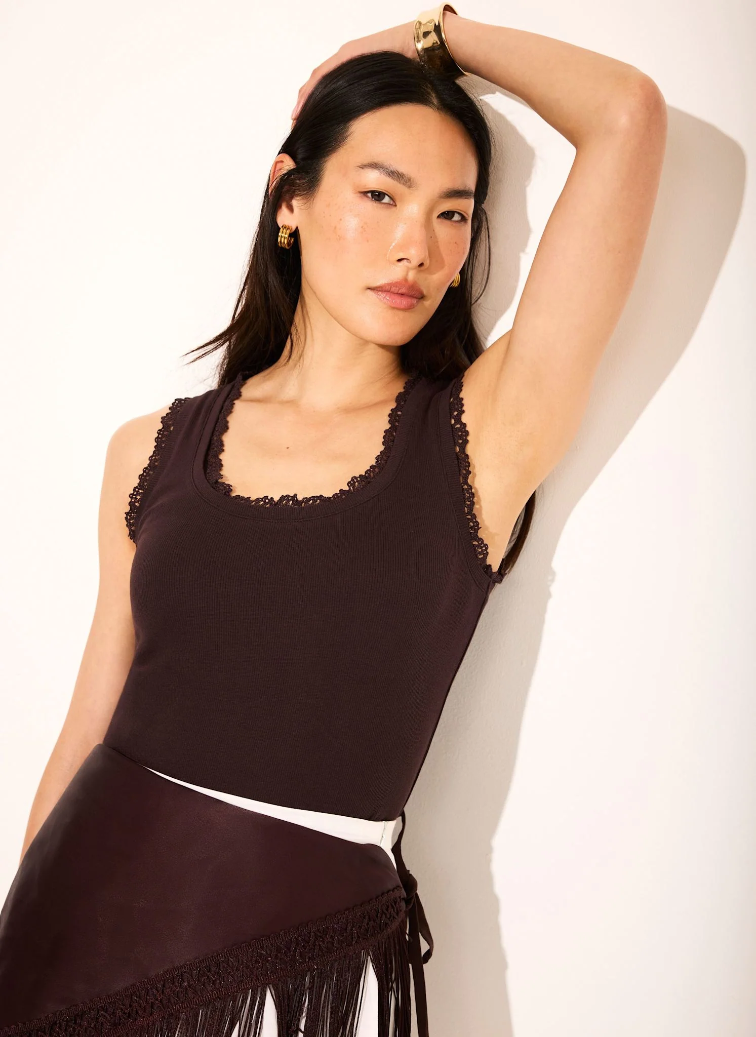 Brown Crochet Trim Vest Top - Image 4