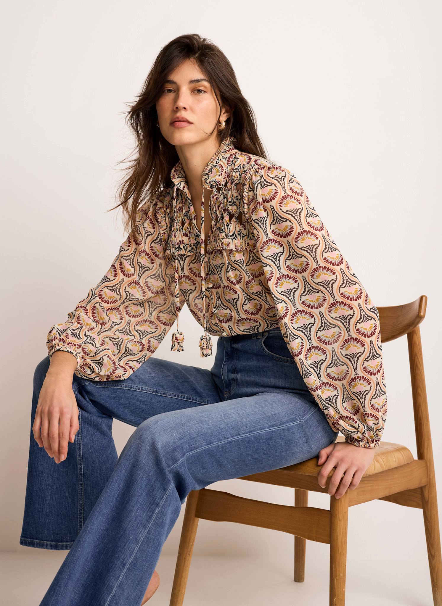 Brown Floral Print Ruffle Blouse