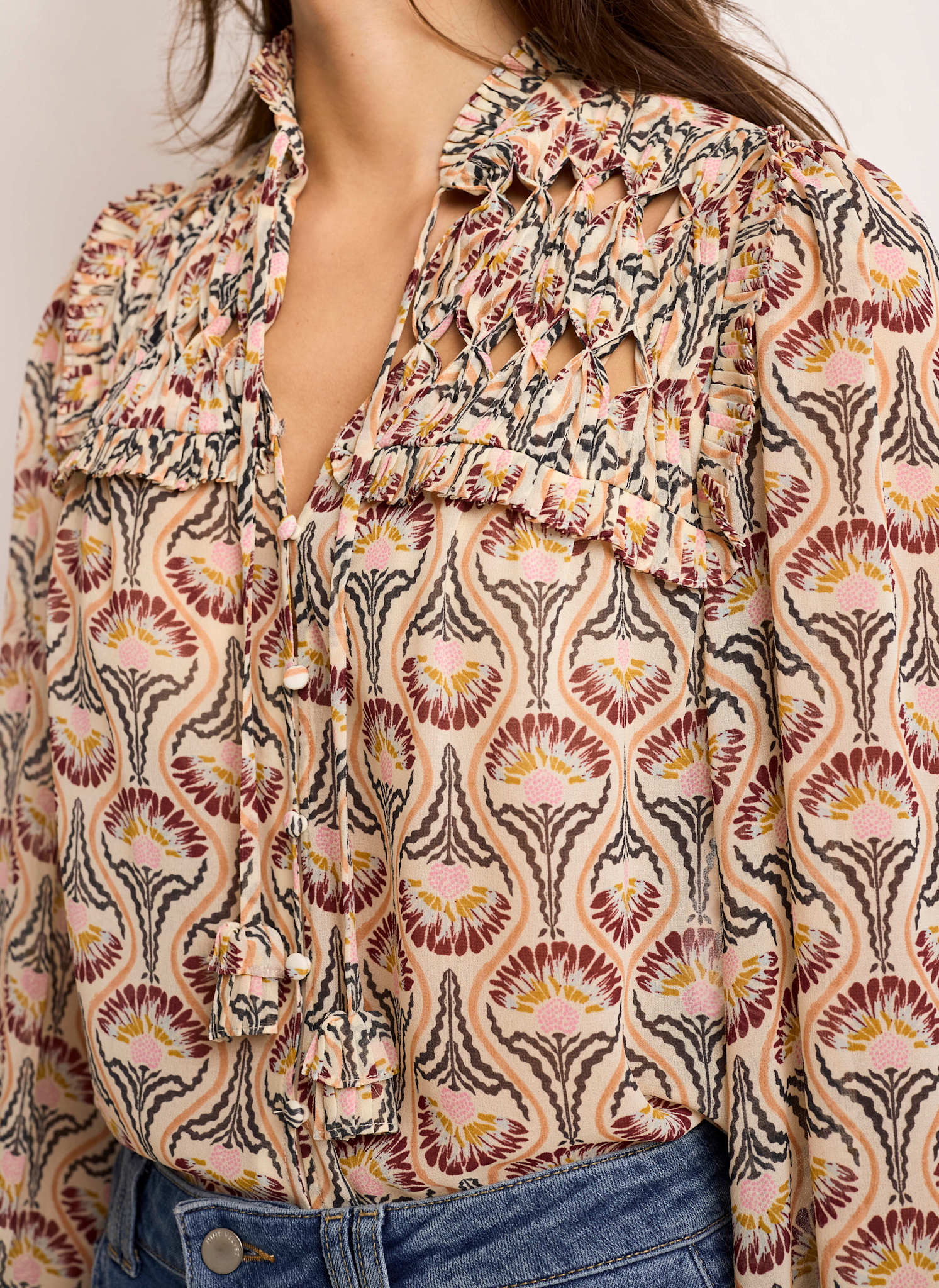 Brown Floral Print Ruffle Blouse - Image 4