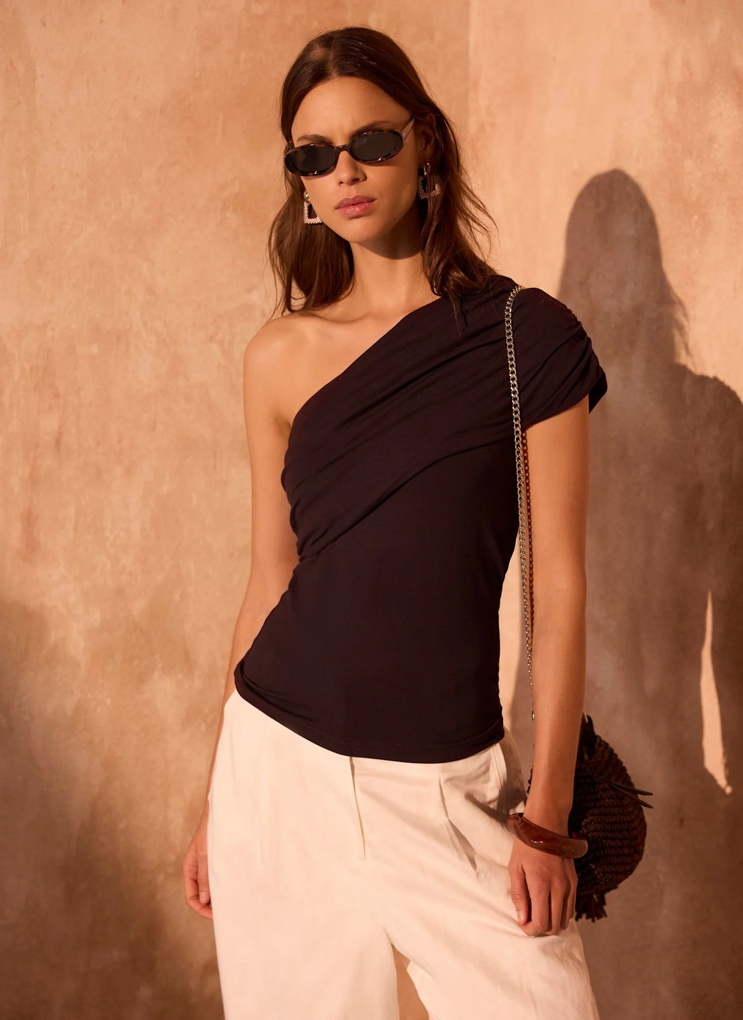 Brown One Shoulder Drape Top - Image 2