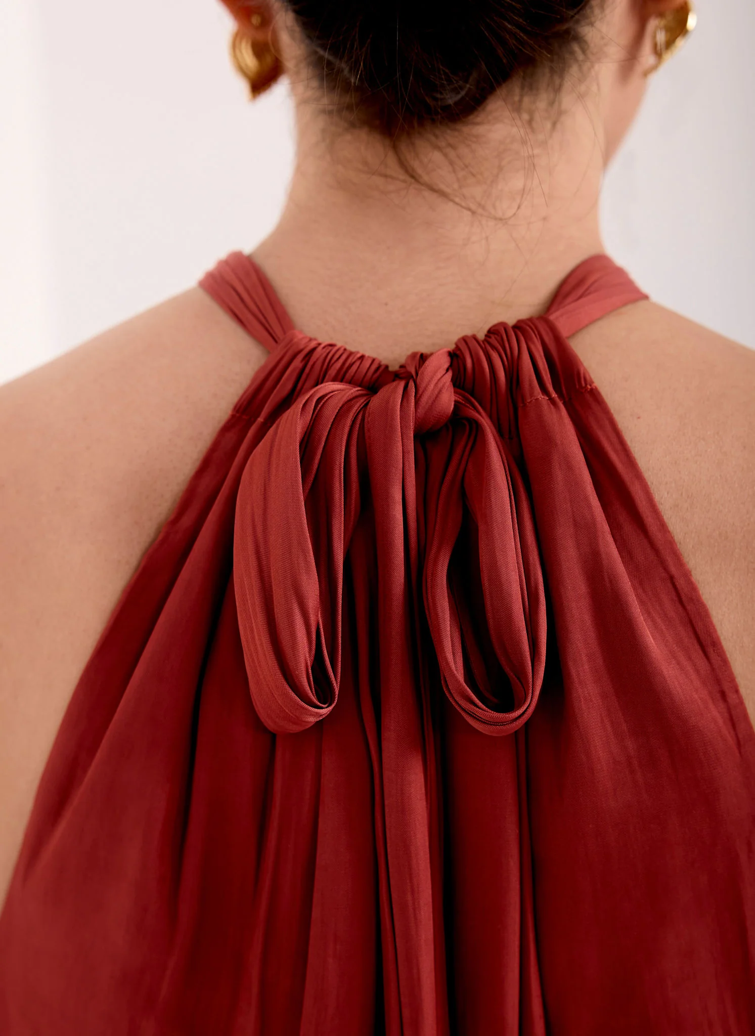 Rust Red Satin Halter Midi Dress - Image 4
