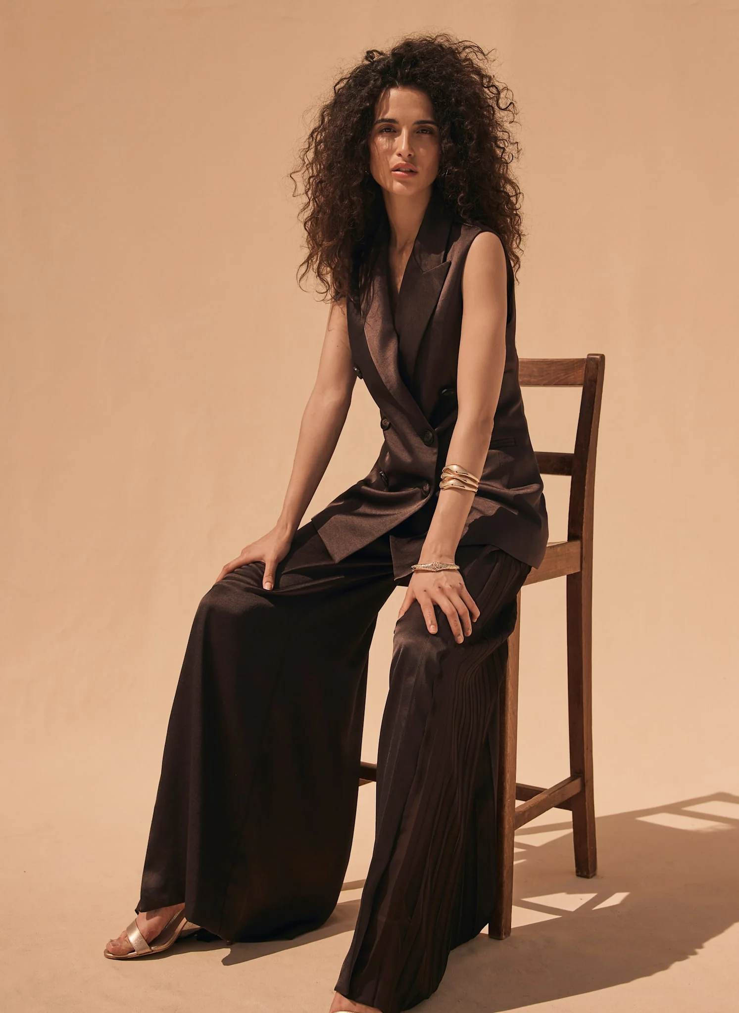 Brown Satin Side Pleat Wide Trousers - Image 3