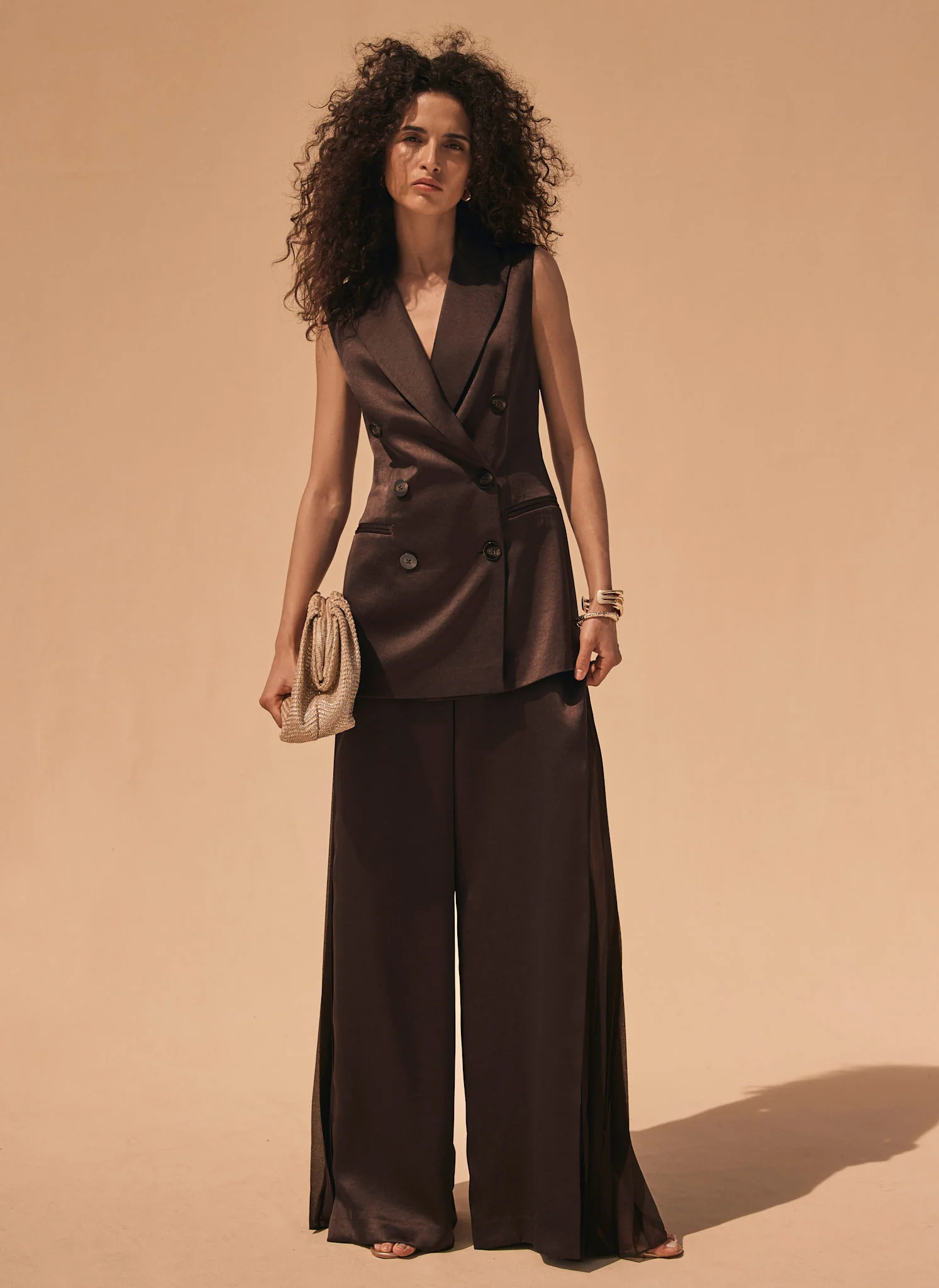 Brown Satin Side Pleat Wide Trousers - Image 5