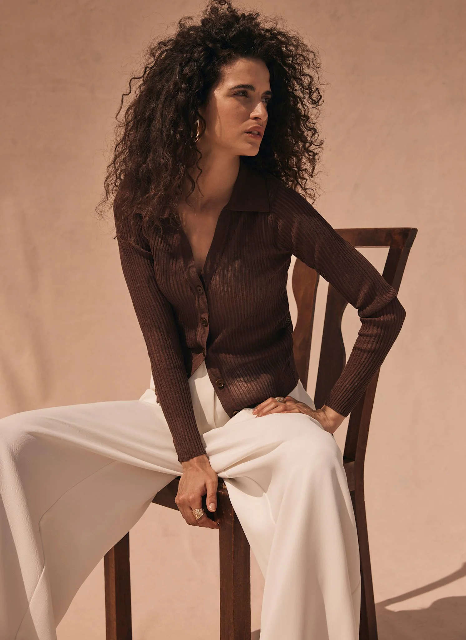 Brown Sheer Collar Knit Shirt - Image 2