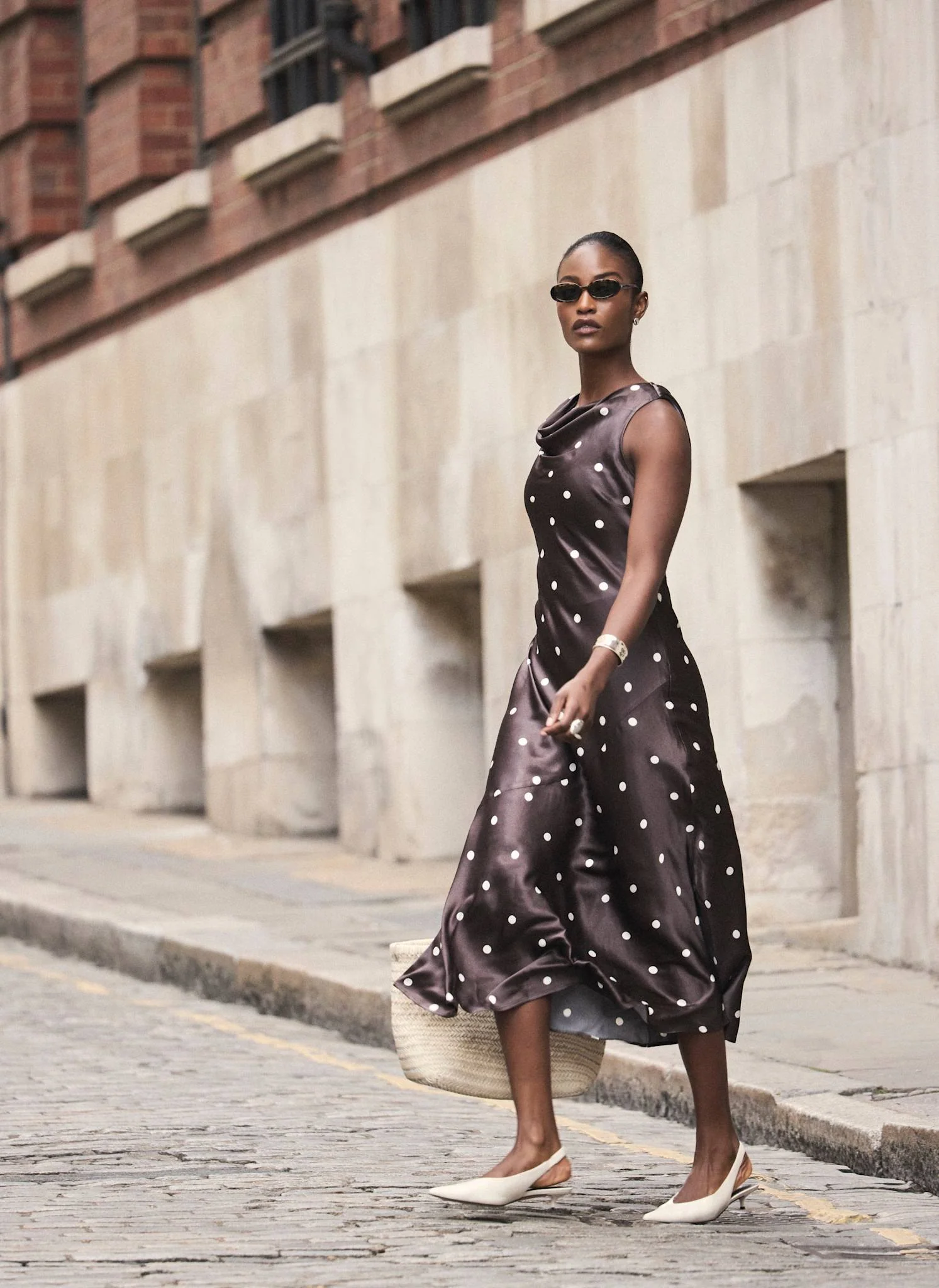 Brown Satin Polkadot Midi Dress - Image 3