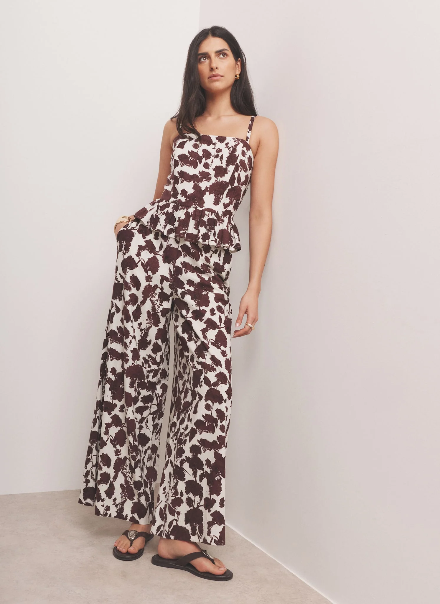 Brown Linen Blend Floral Print Wide Leg Trousers