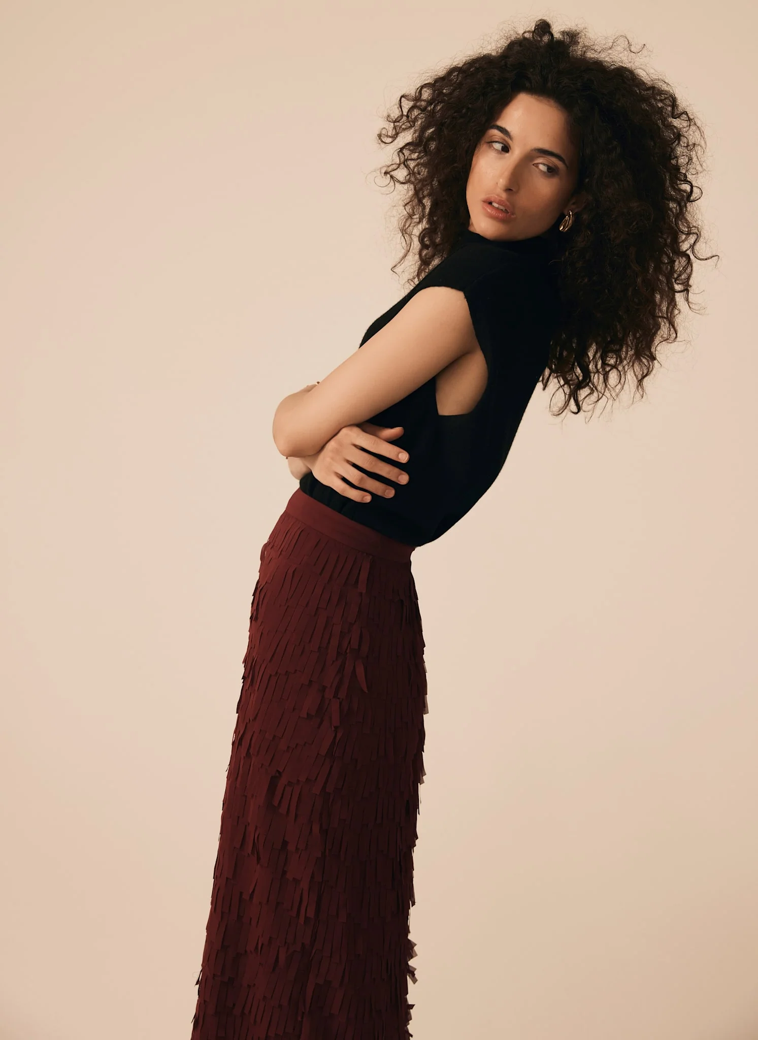 Burgundy Fringed Midi Skirt - Image 4