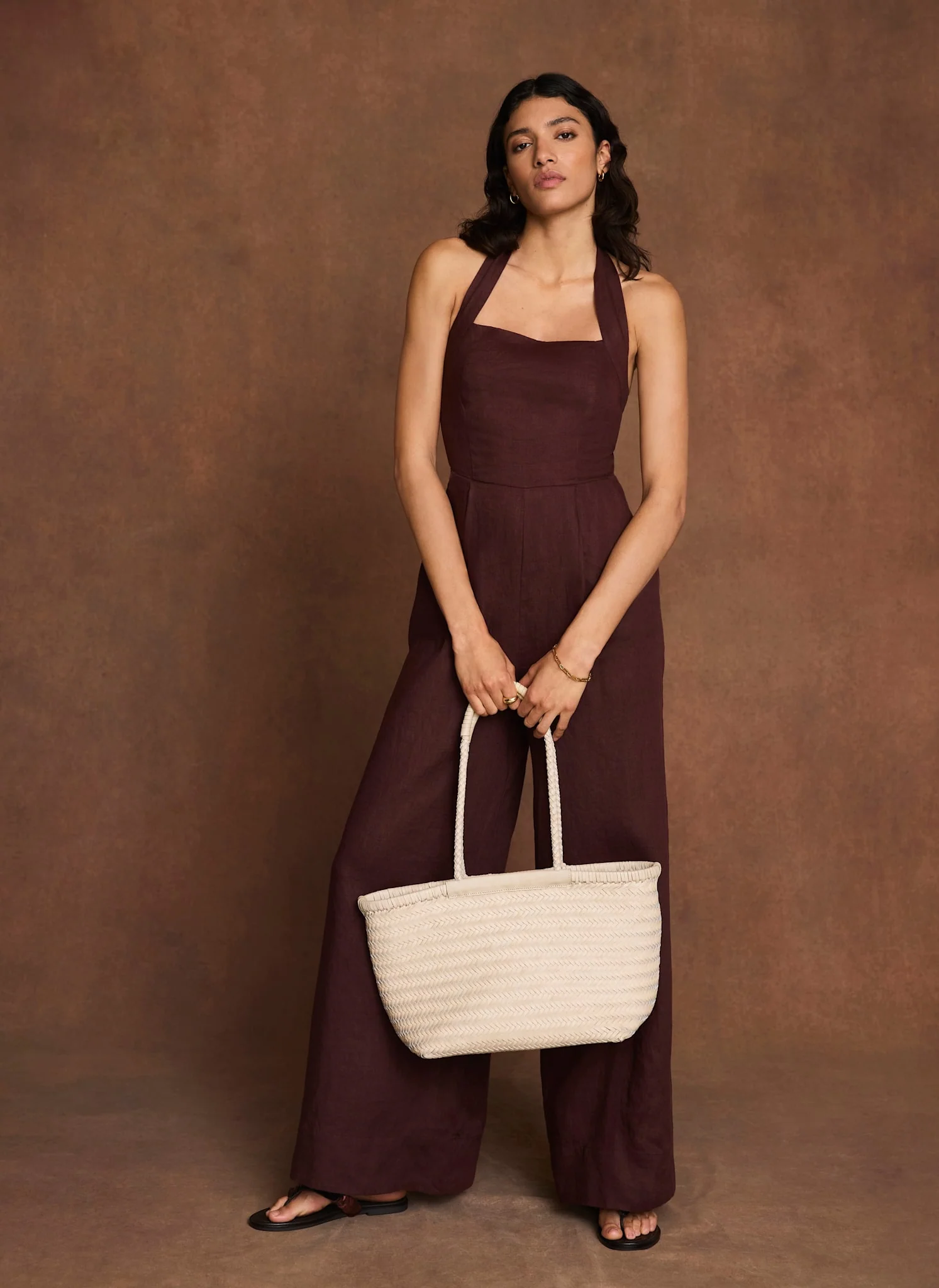 Burgundy Linen Halter Jumpsuit - Image 3