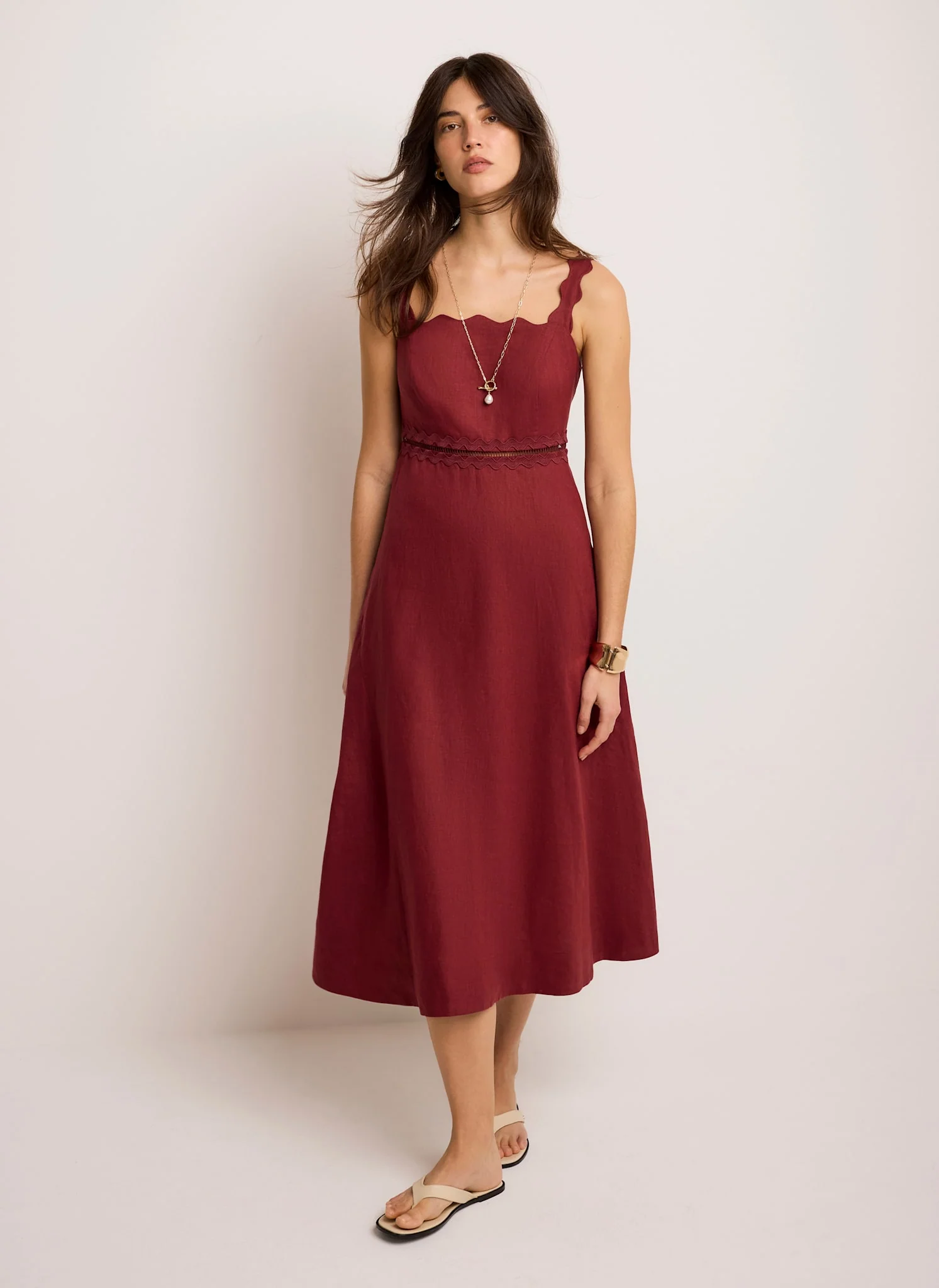Burgundy Linen Scallop Trim Midi Dress