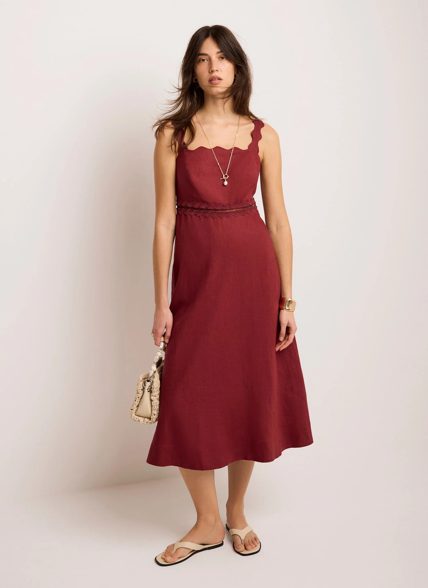 Burgundy Linen Scallop Trim Midi Dress - Image 3