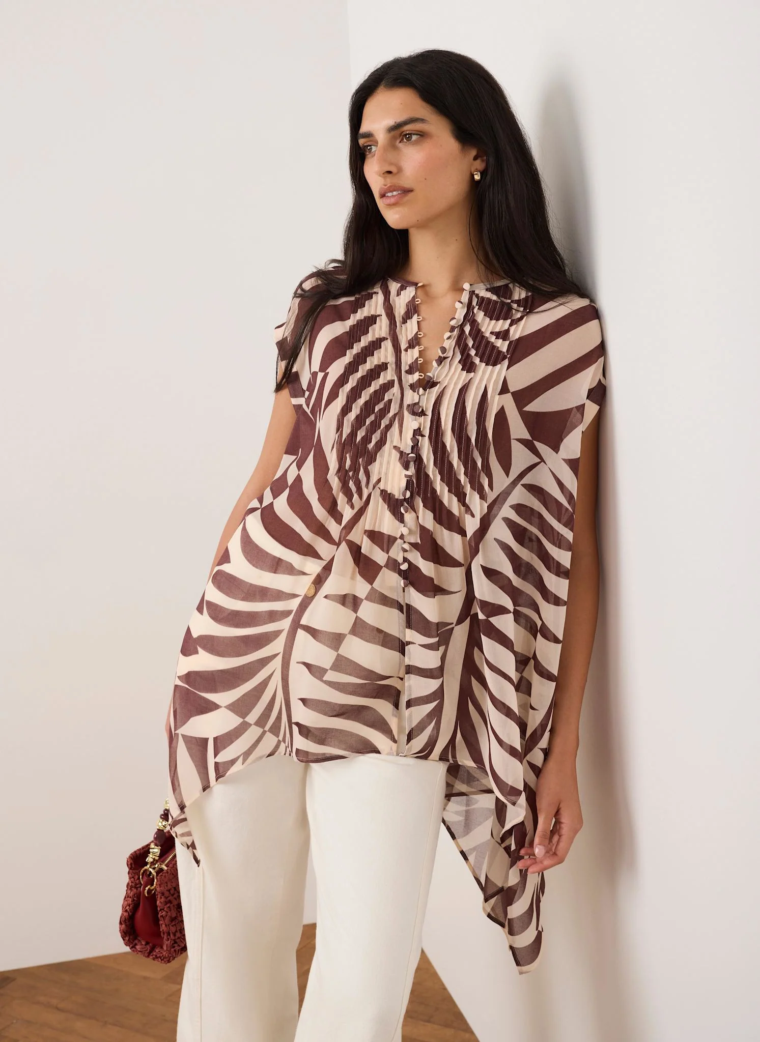 Burgundy Palm Print Sheer Tunic Top - Image 5