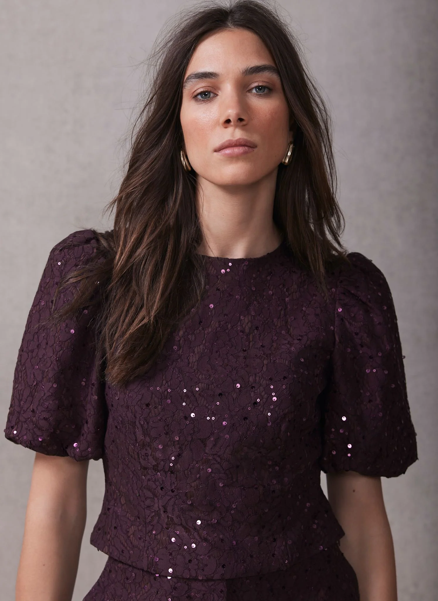 Burgundy Sequin Lace Puff Sleeve Top - Image 6