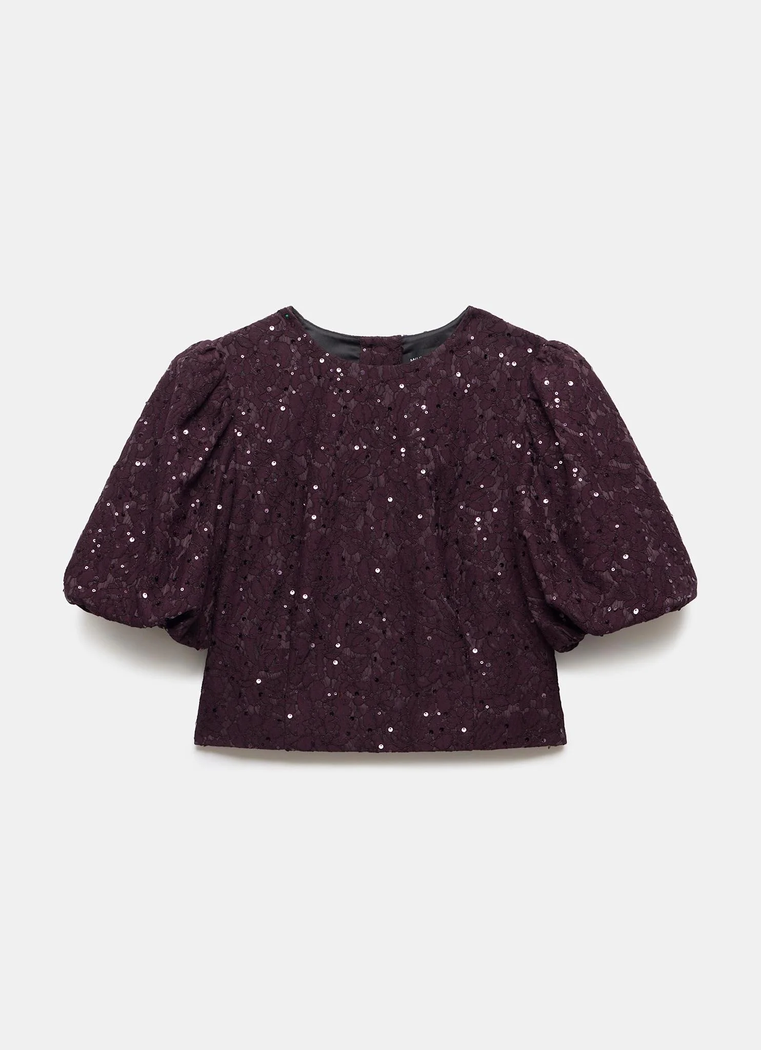 Burgundy Sequin Lace Puff Sleeve Top - Image 7