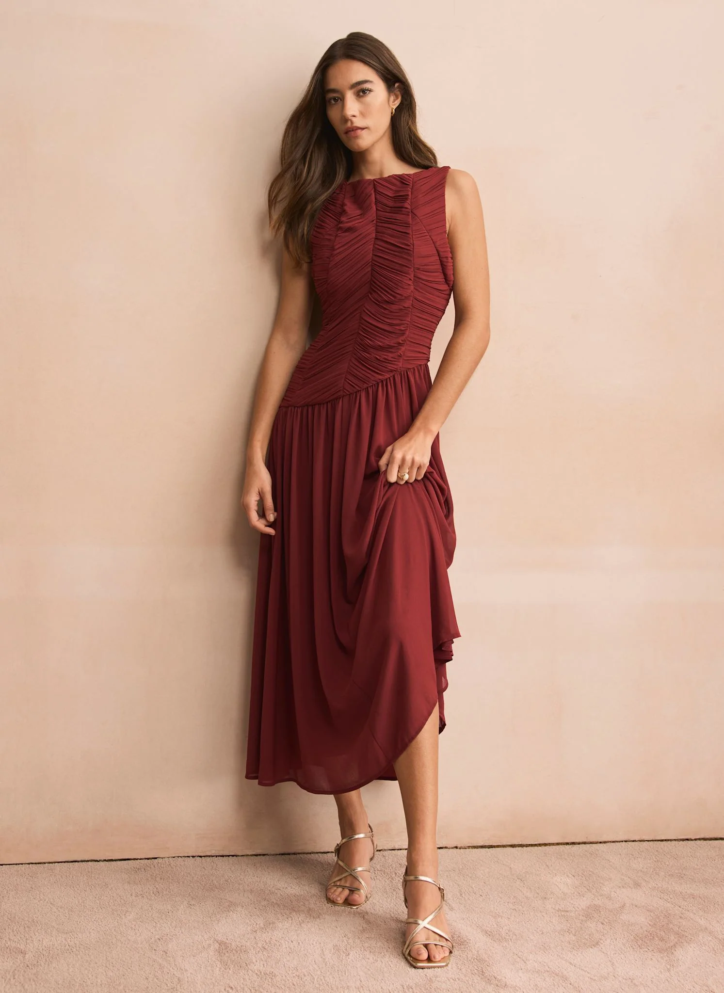 Burgundy Ruched Detail Maxi Dress - Image 4