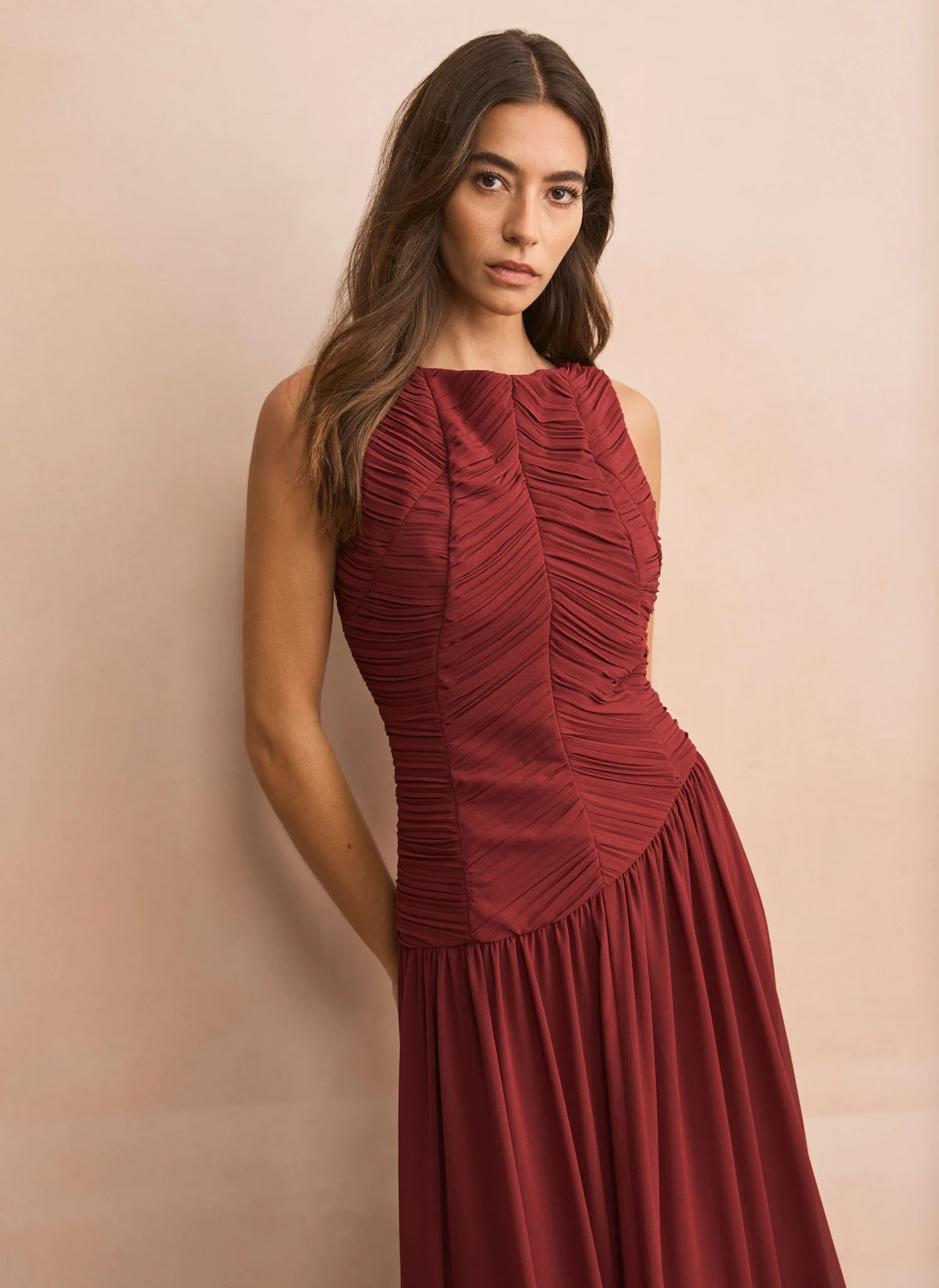 Burgundy Ruched Detail Maxi Dress - Image 6