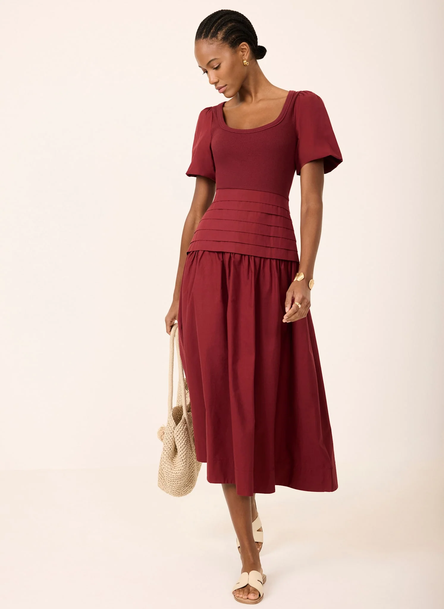 Burgundy Cotton Blend Midi Dress