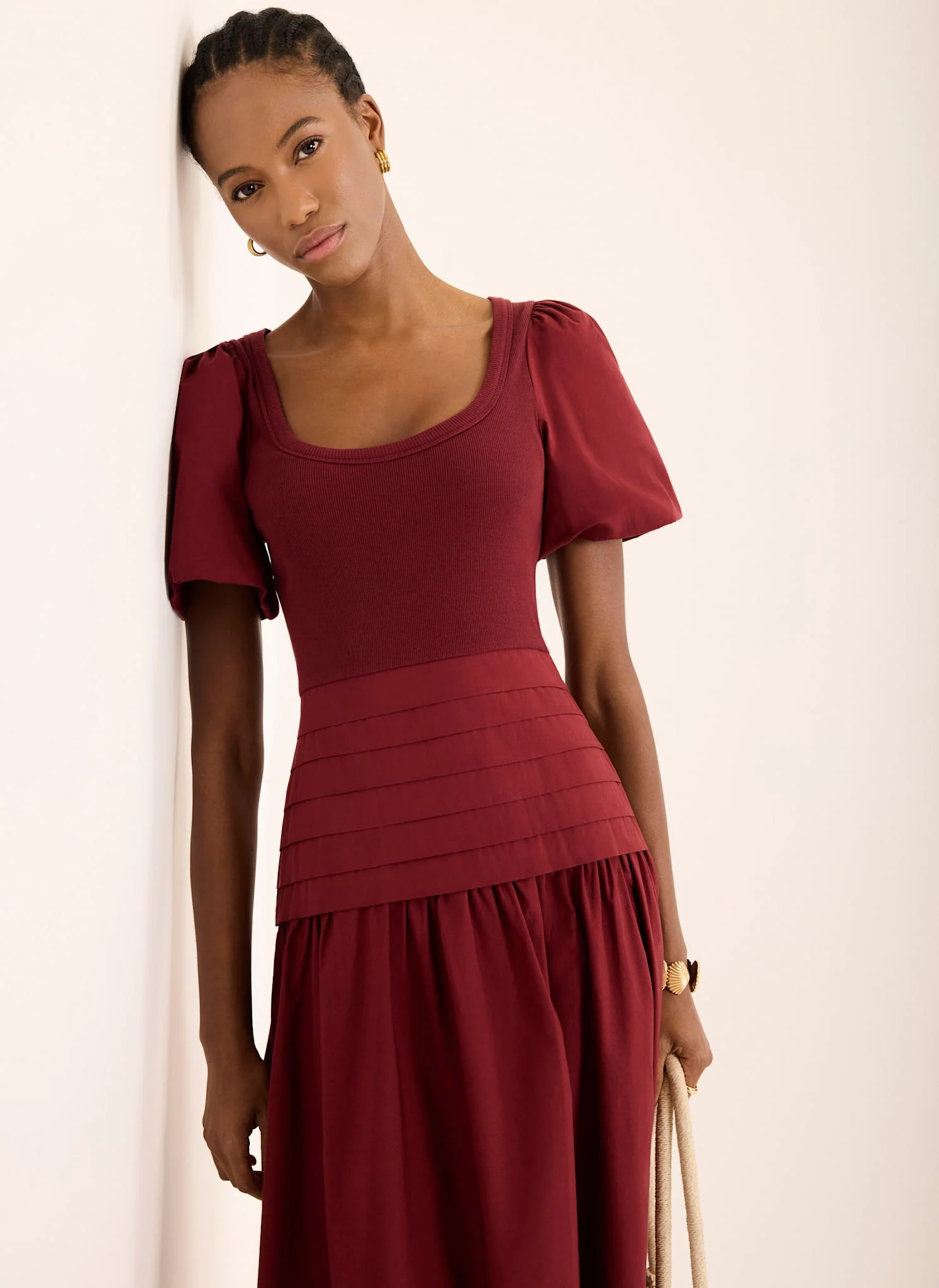 Burgundy Cotton Blend Midi Dress - Image 3