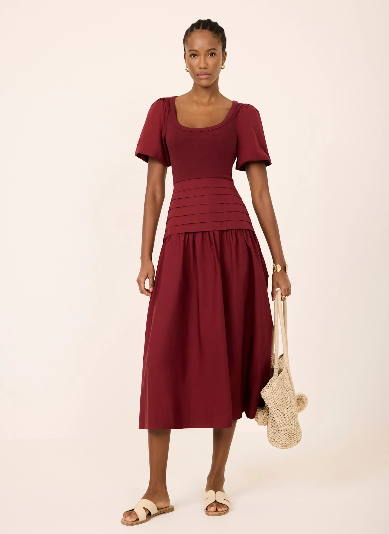 Burgundy Cotton Blend Midi Dress - Image 5