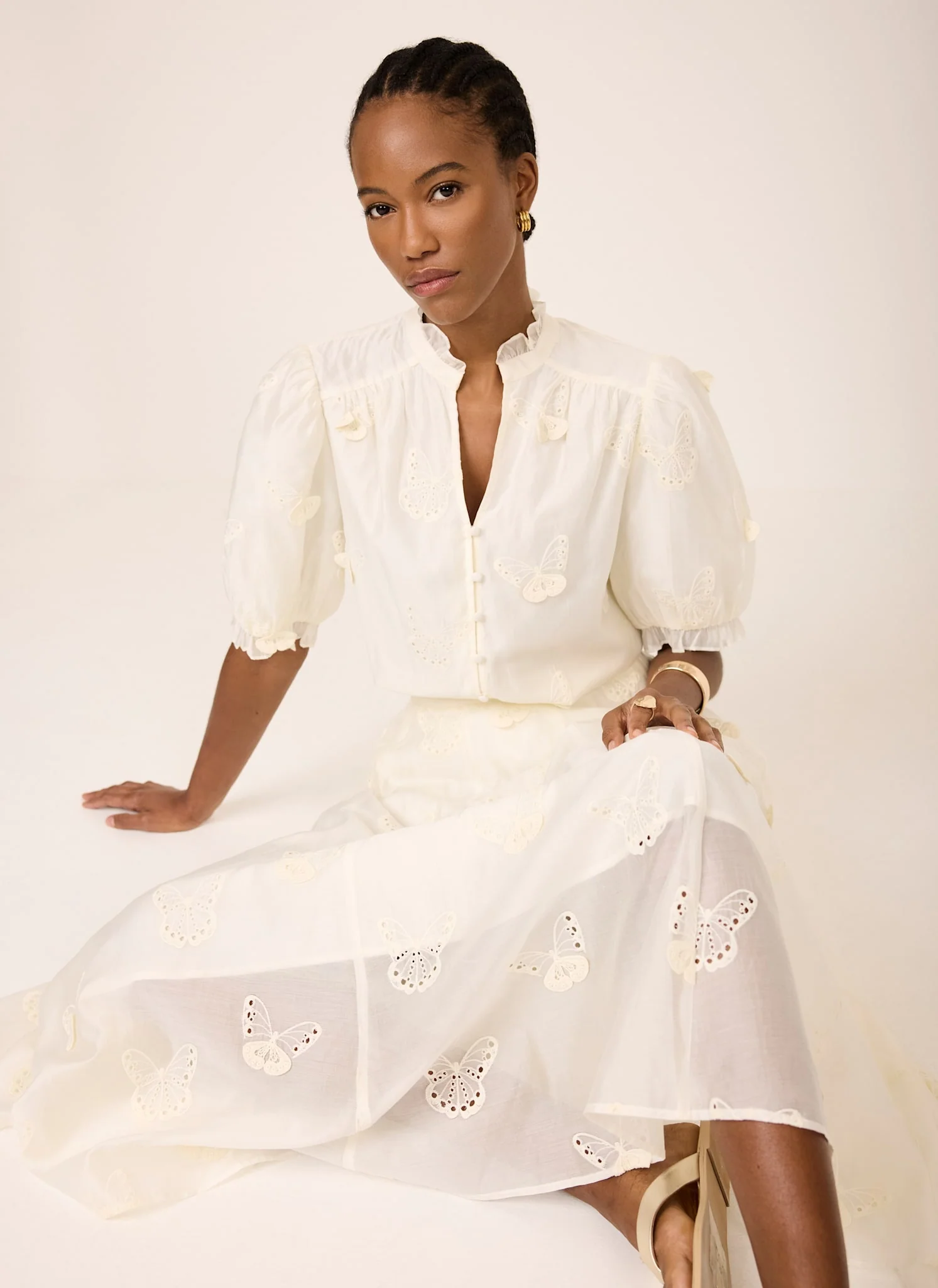 White Embroidered Butterfly Detail Midi Skirt - Image 2