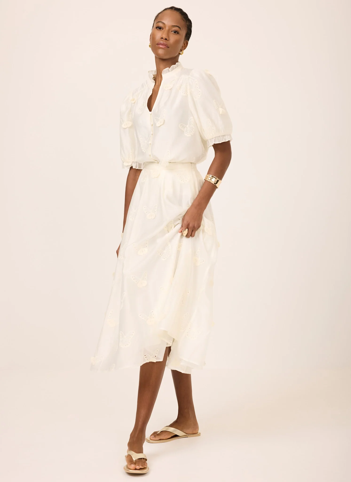 White Embroidered Butterfly Detail Midi Skirt - Image 3