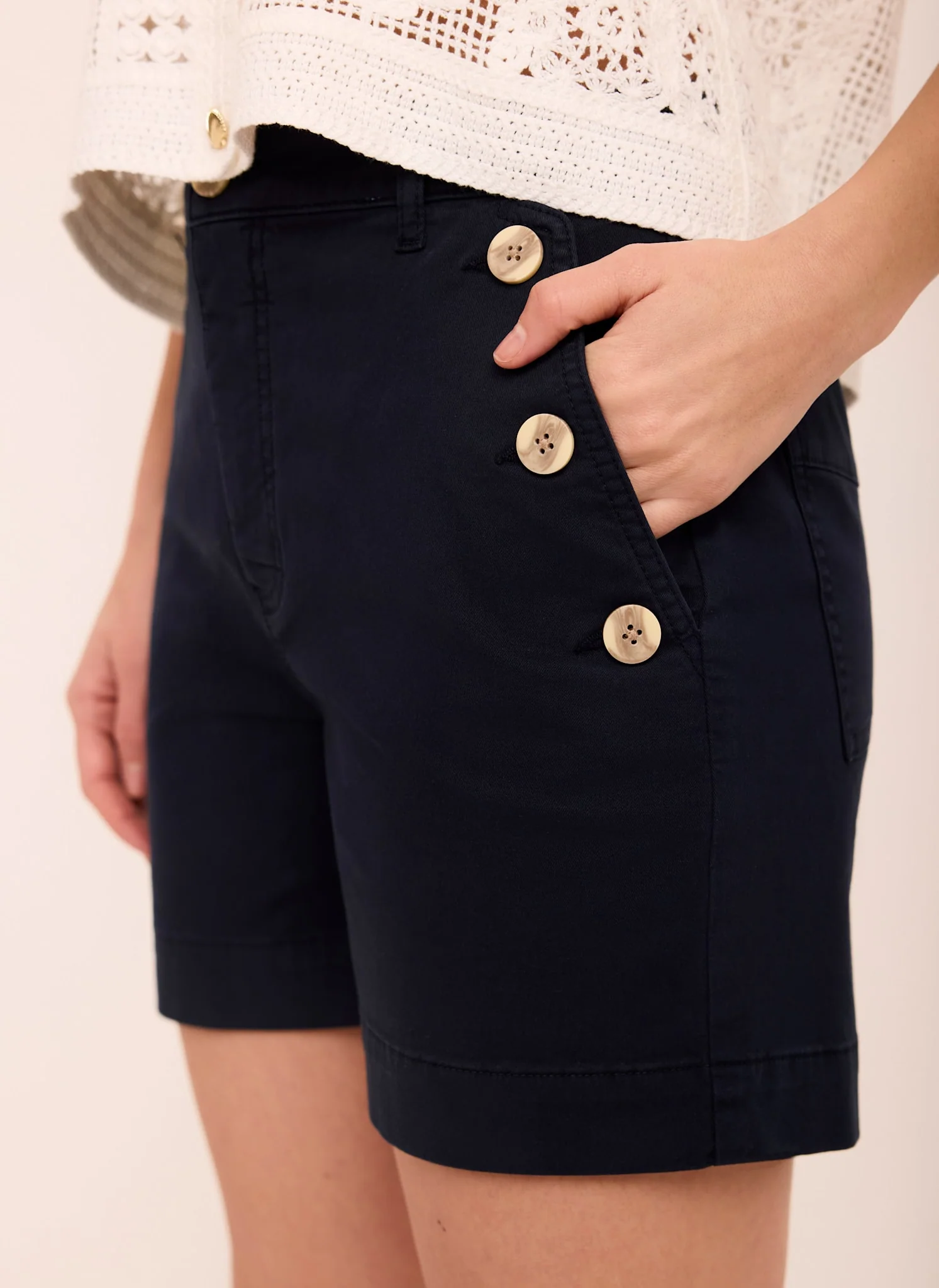Navy Button Front Chino Shorts - Image 3