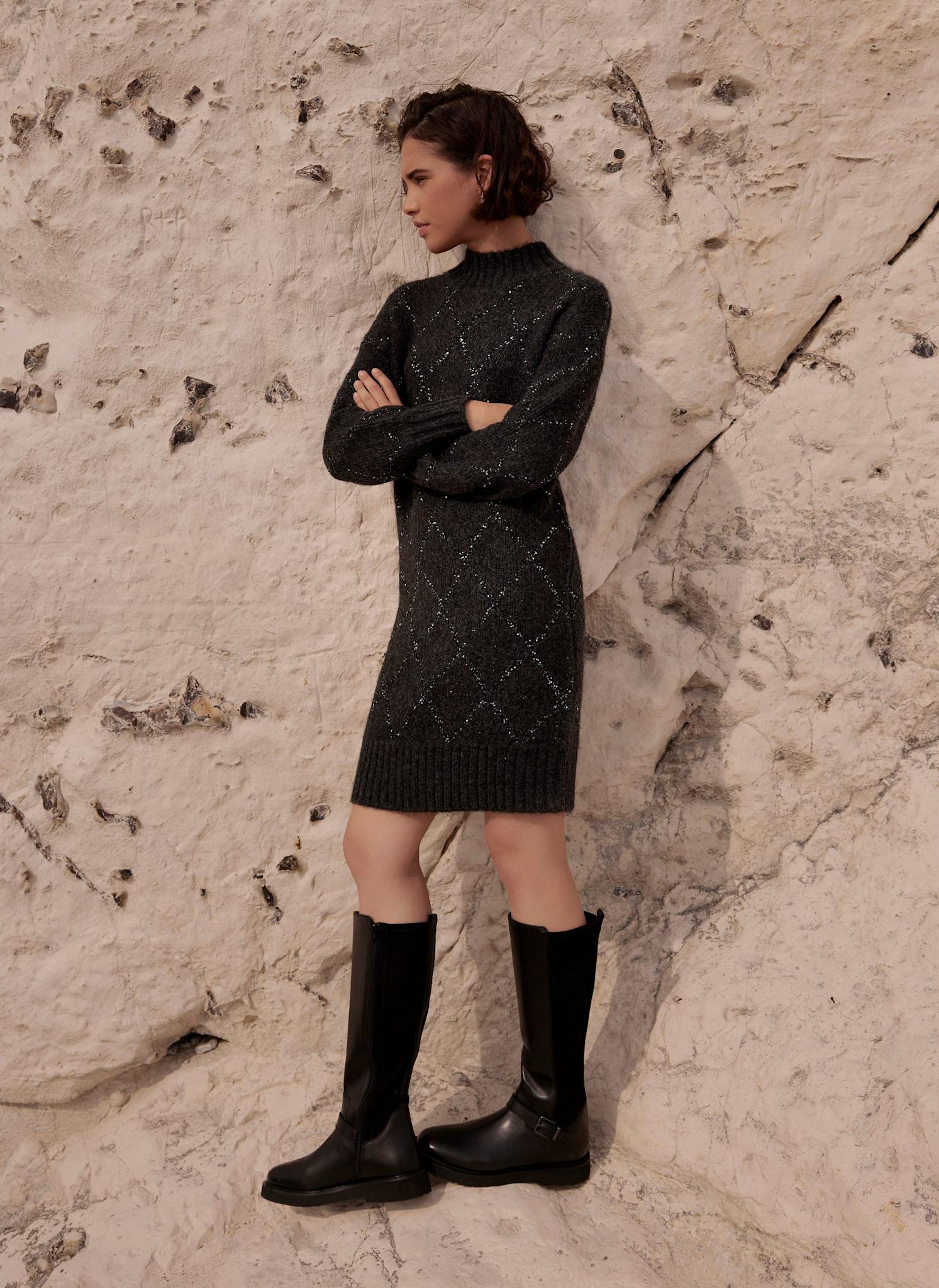 Grey Sequin Knit Mini Dress - Image 4