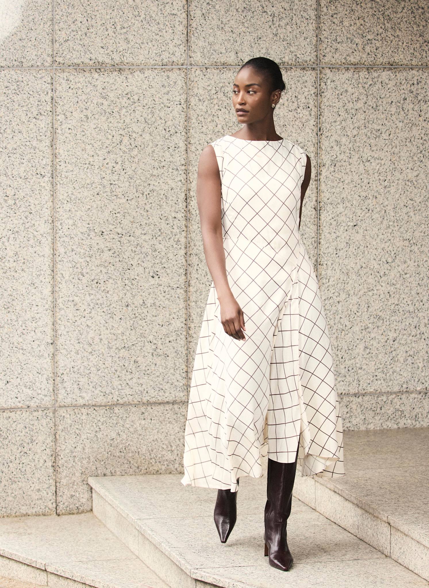 Cream Satin Checked Midi Dress
