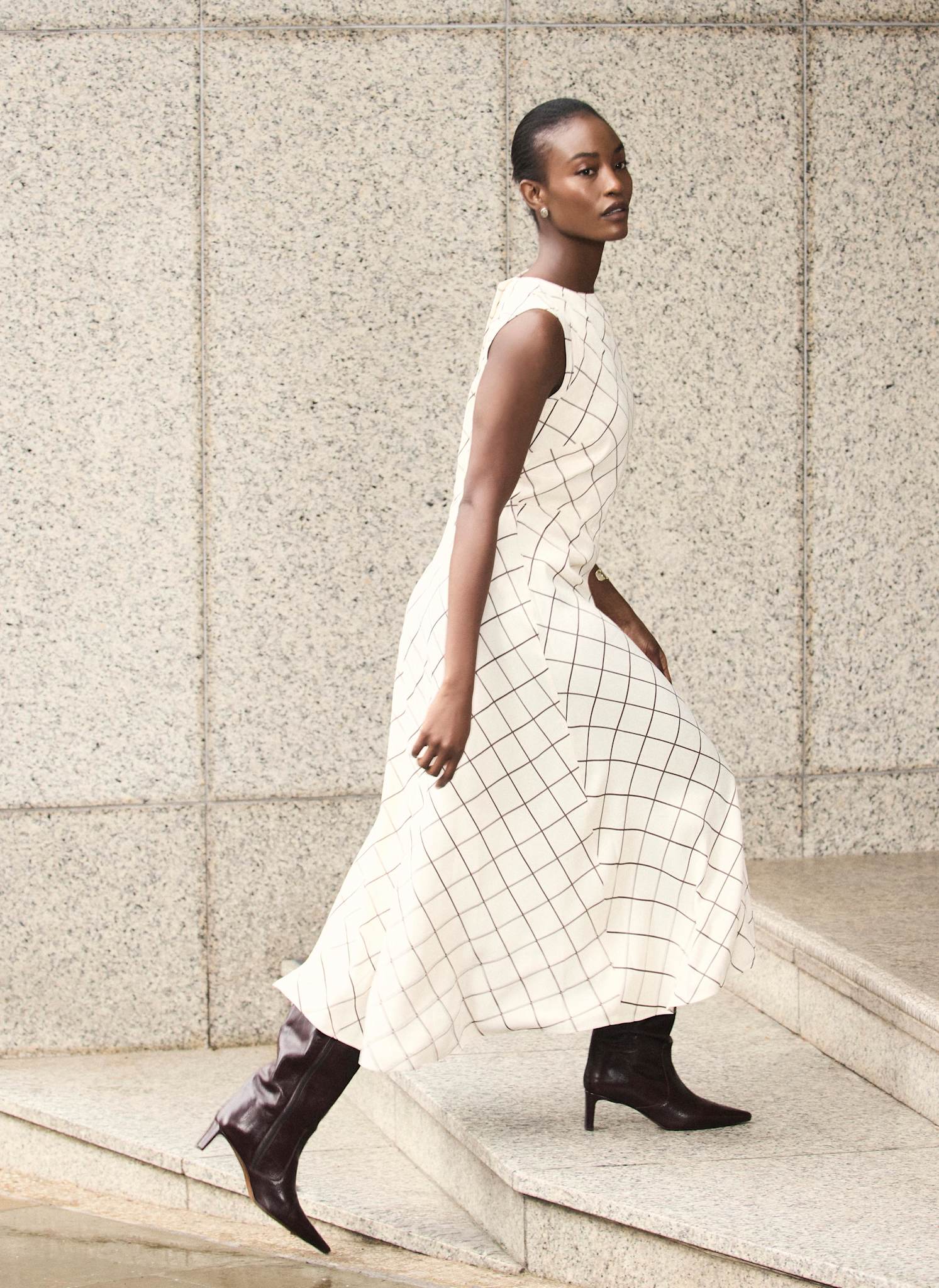 Cream Satin Checked Midi Dress - Image 2