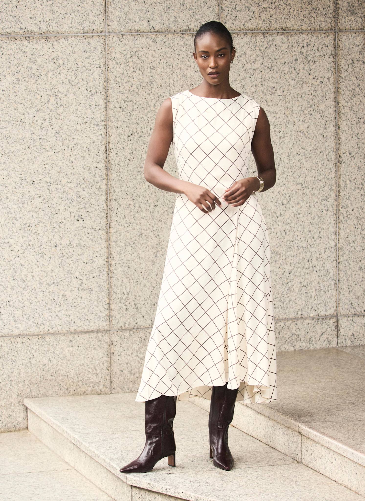 Cream Satin Checked Midi Dress - Image 3